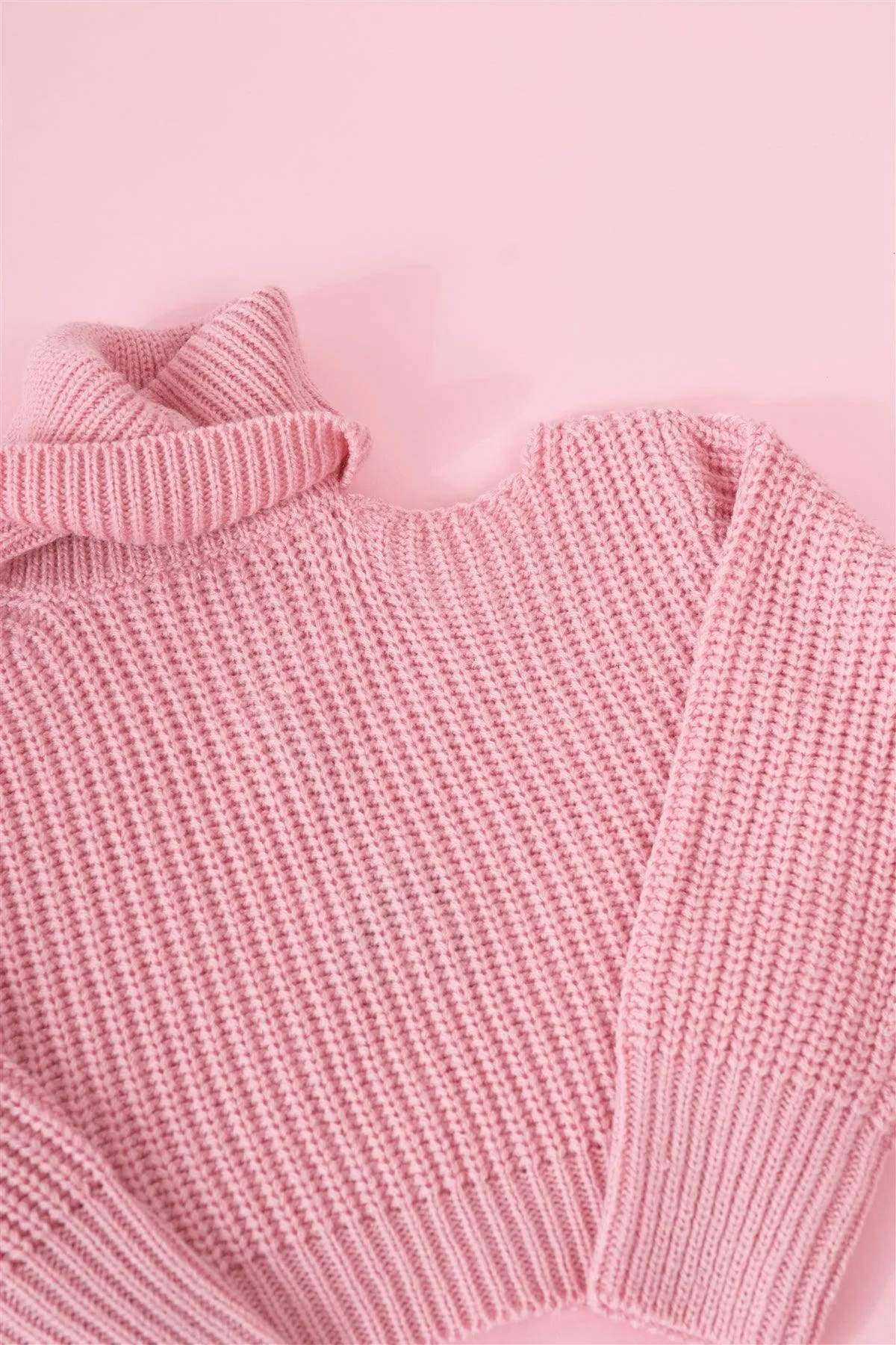 Girls Blush Pink Ribbed Knit Balloon Sleeve Turtleneck Sweater