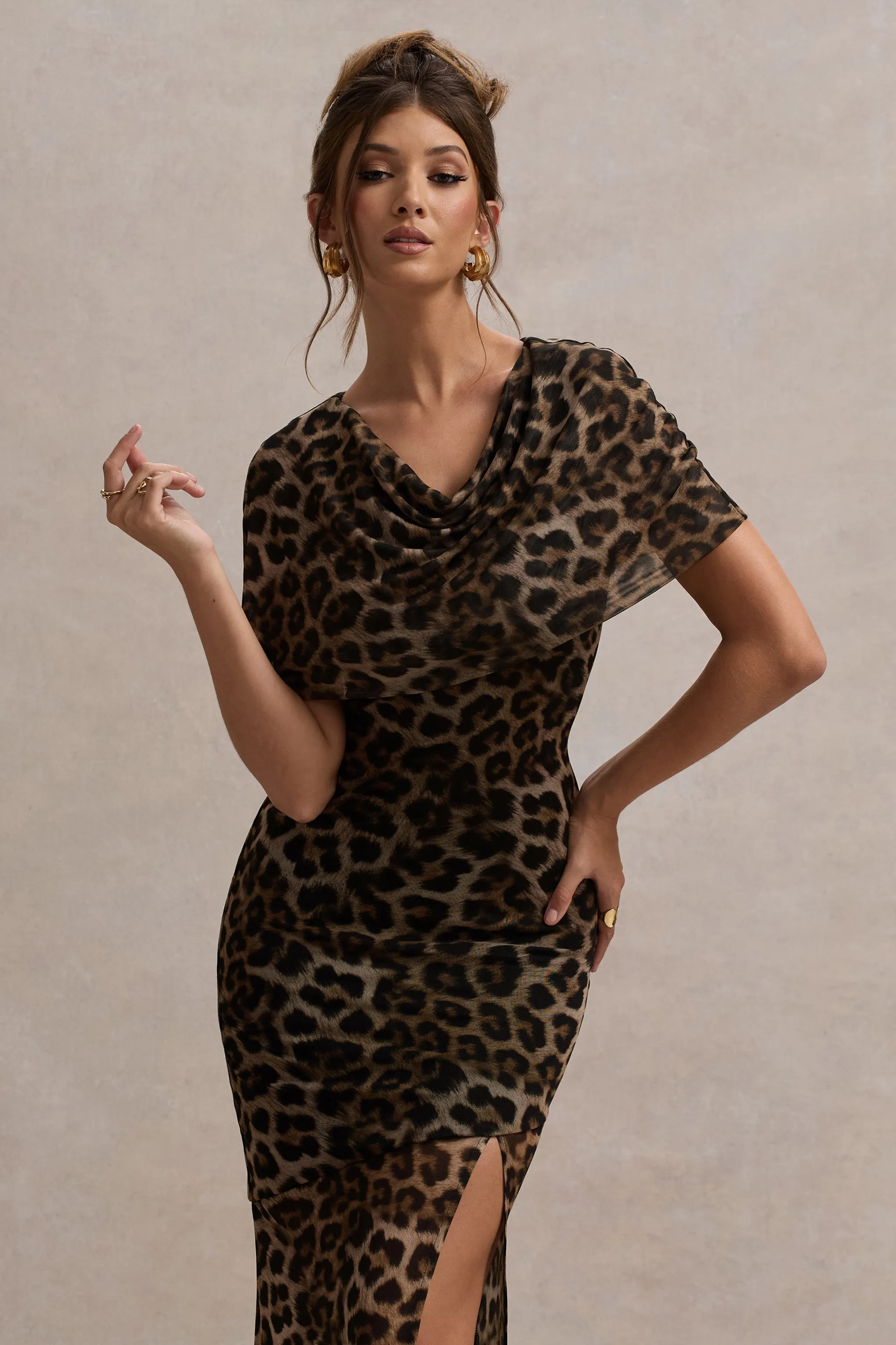 Gomez | Leopard Print Mesh Cowl-Neck Split Maxi Dress