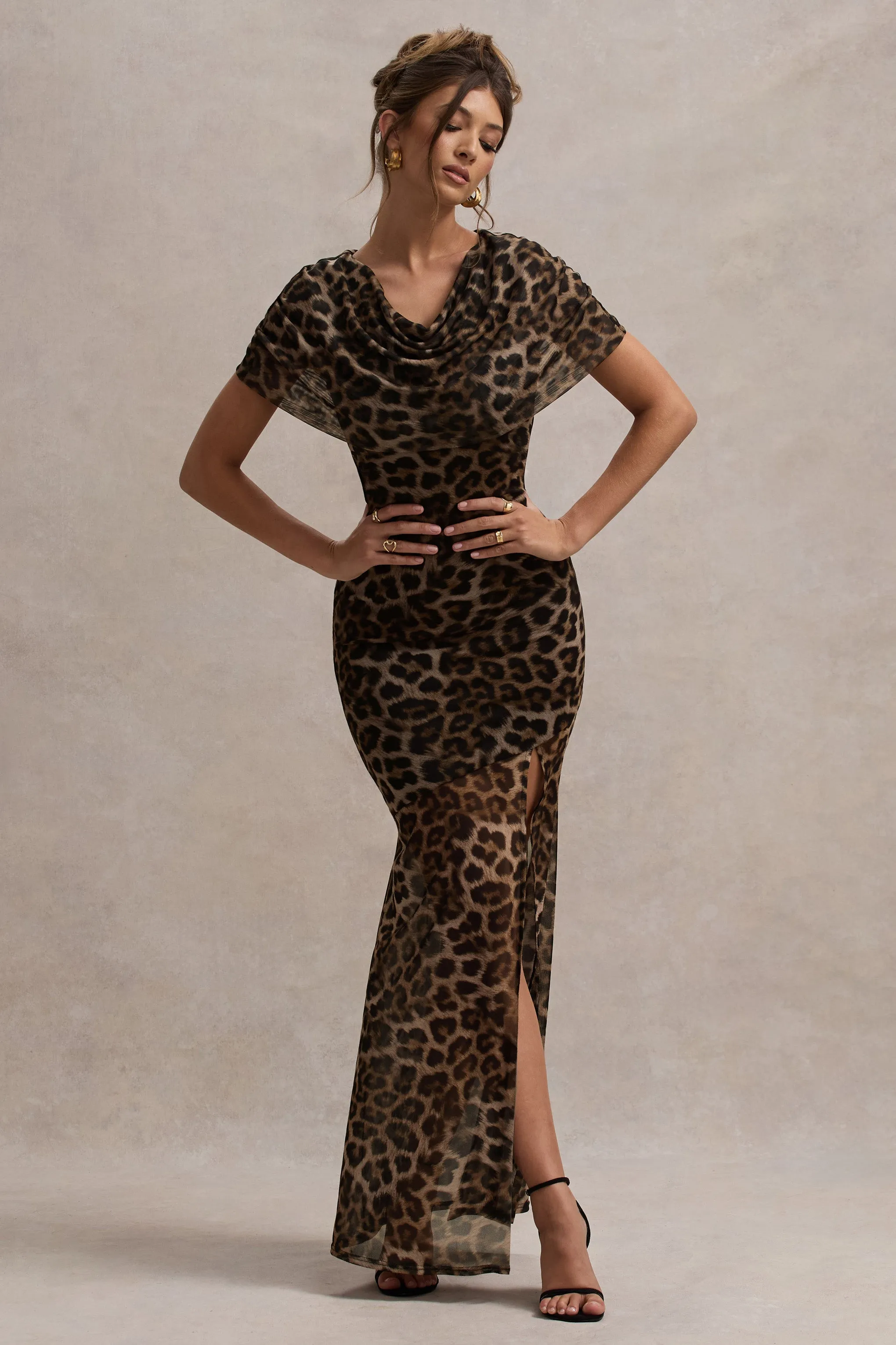 Gomez | Leopard Print Mesh Cowl-Neck Split Maxi Dress