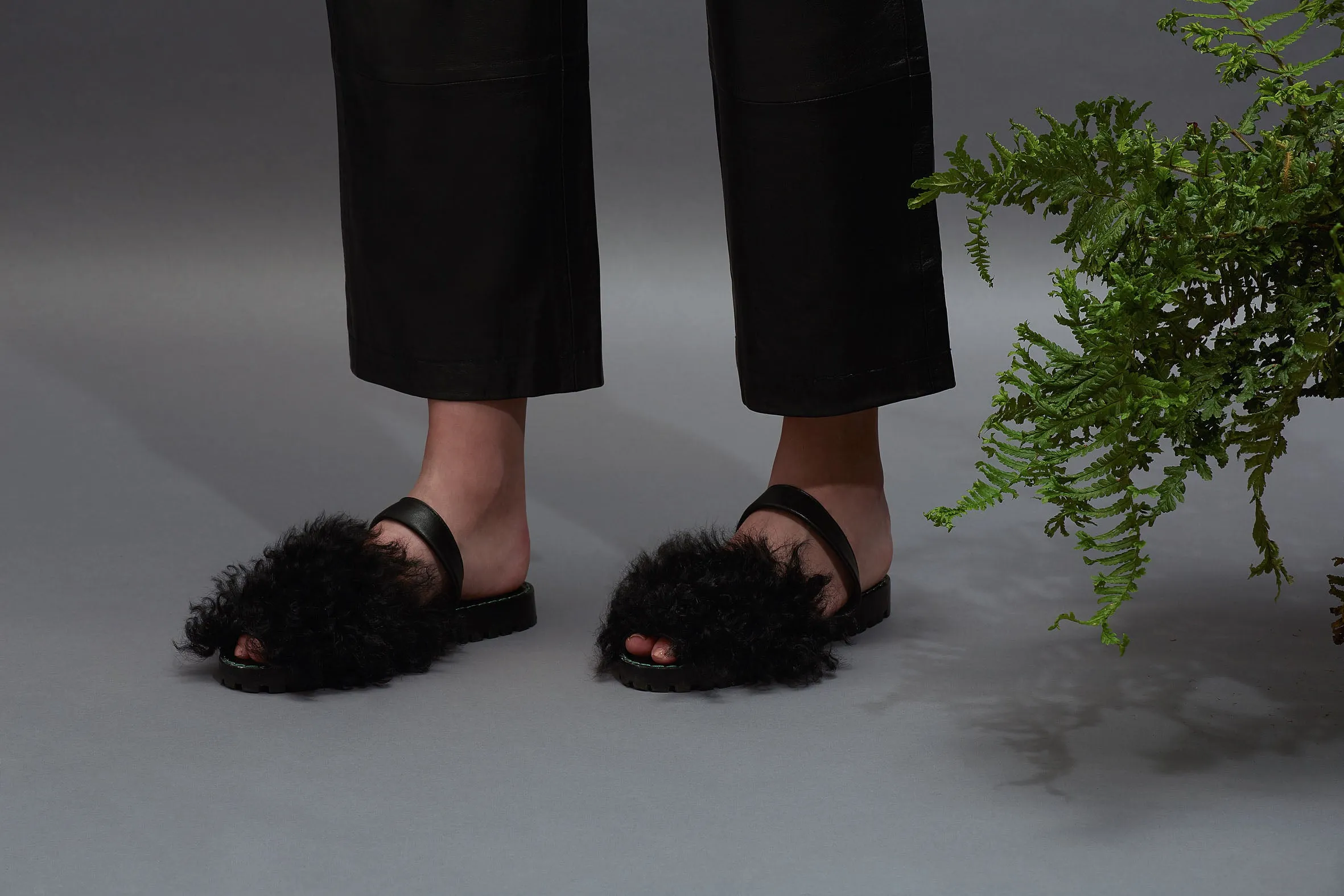 GOYA Black Curly 'Goat' Shearling Sandals