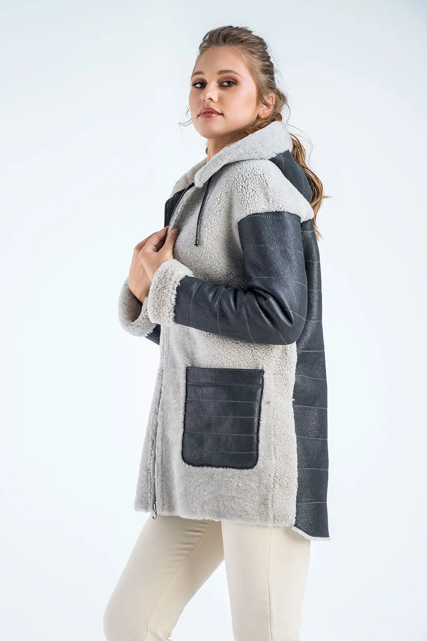 Gray Natural Shearling Sheepskin Hooded Jacket