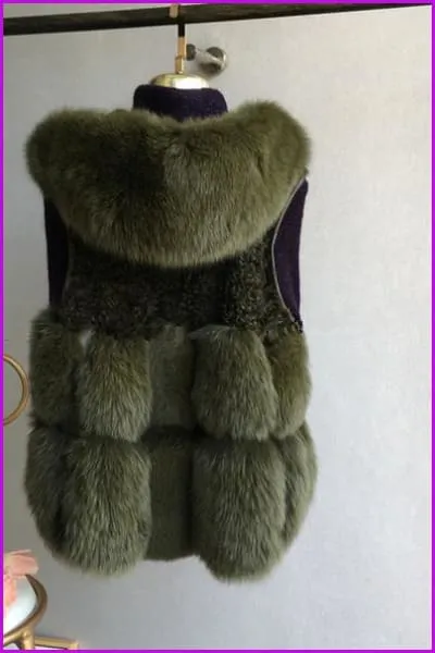 Green Fox Fur with Lamp Fur Hooded Gilet 55CM DO1500