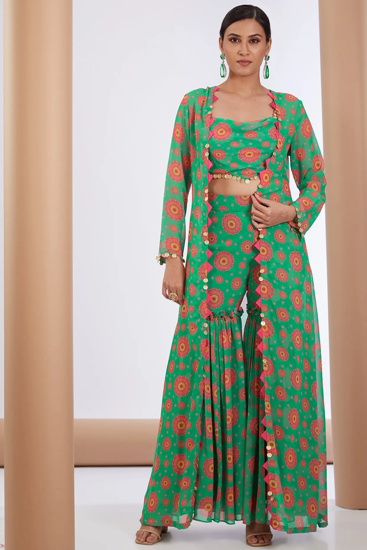 Green Georgette Floral Print Cape Sharara Set