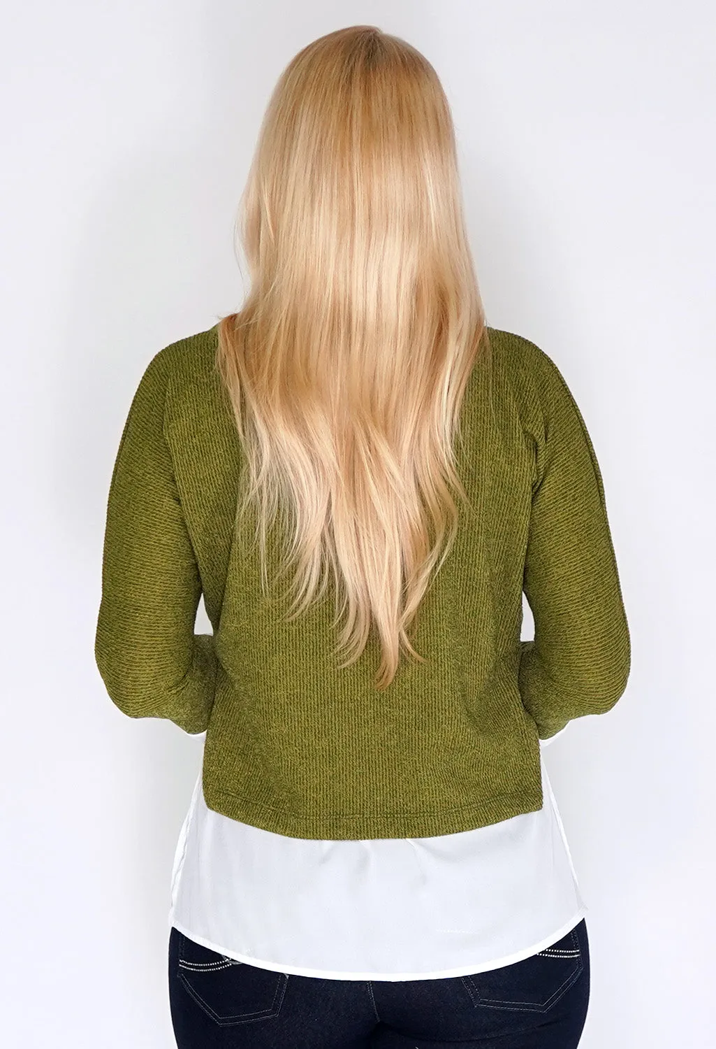 Green Knit Pullover with Shirt Details and Necklace