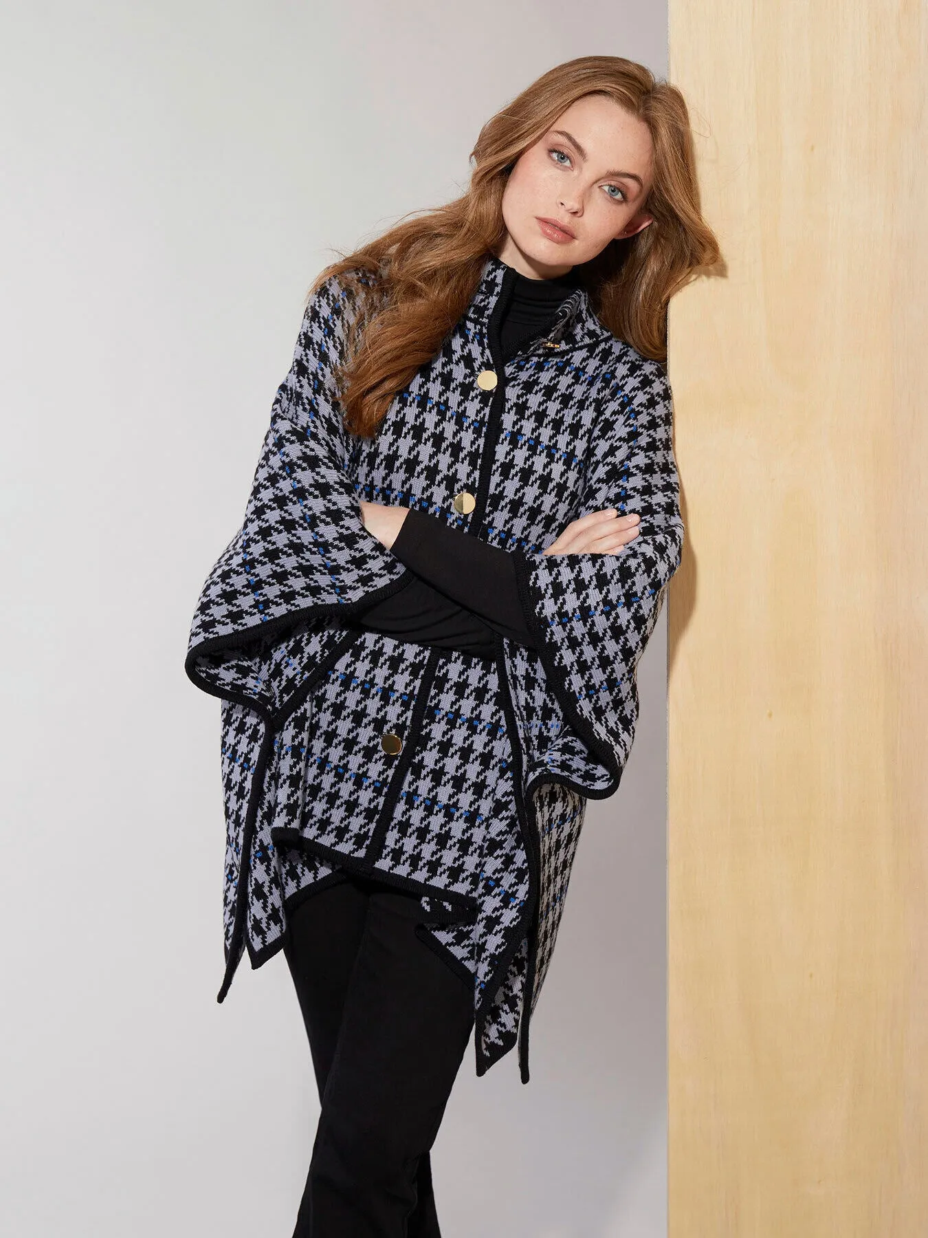 Houndstooth Button-Front Knit Cape