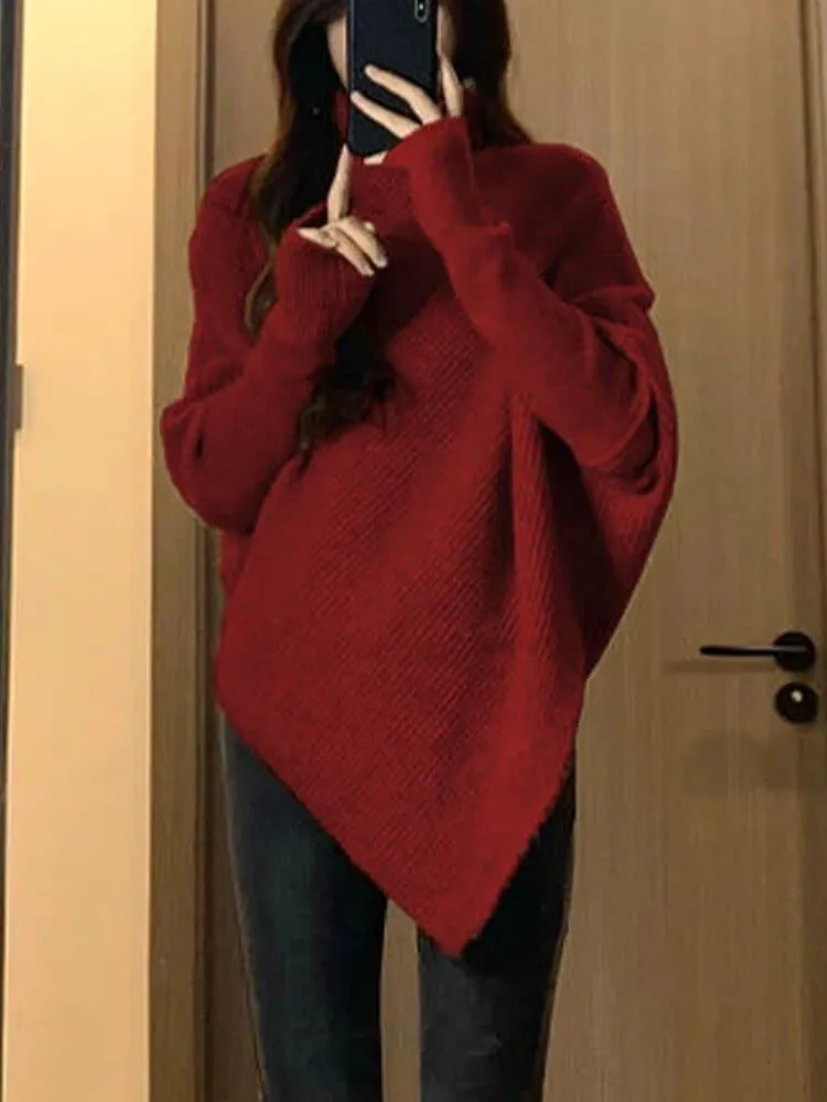 Irregular Turtleneck Sweater in Solid Color - Long Sleeves and Loose Fit