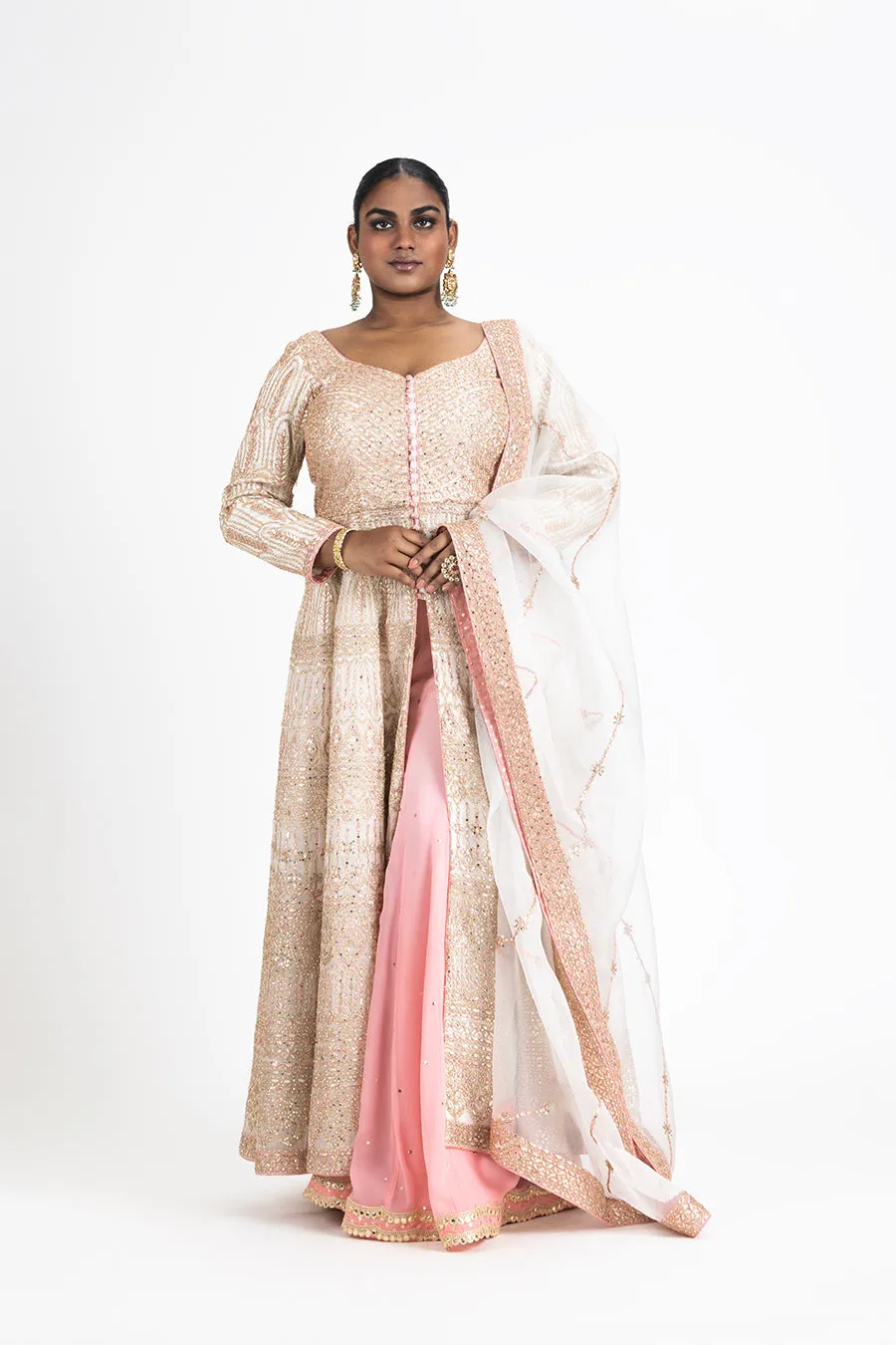 IVORY ORGANZA JACKET AND DUPATTA WITH PINK OMBRE GGT SHARARA