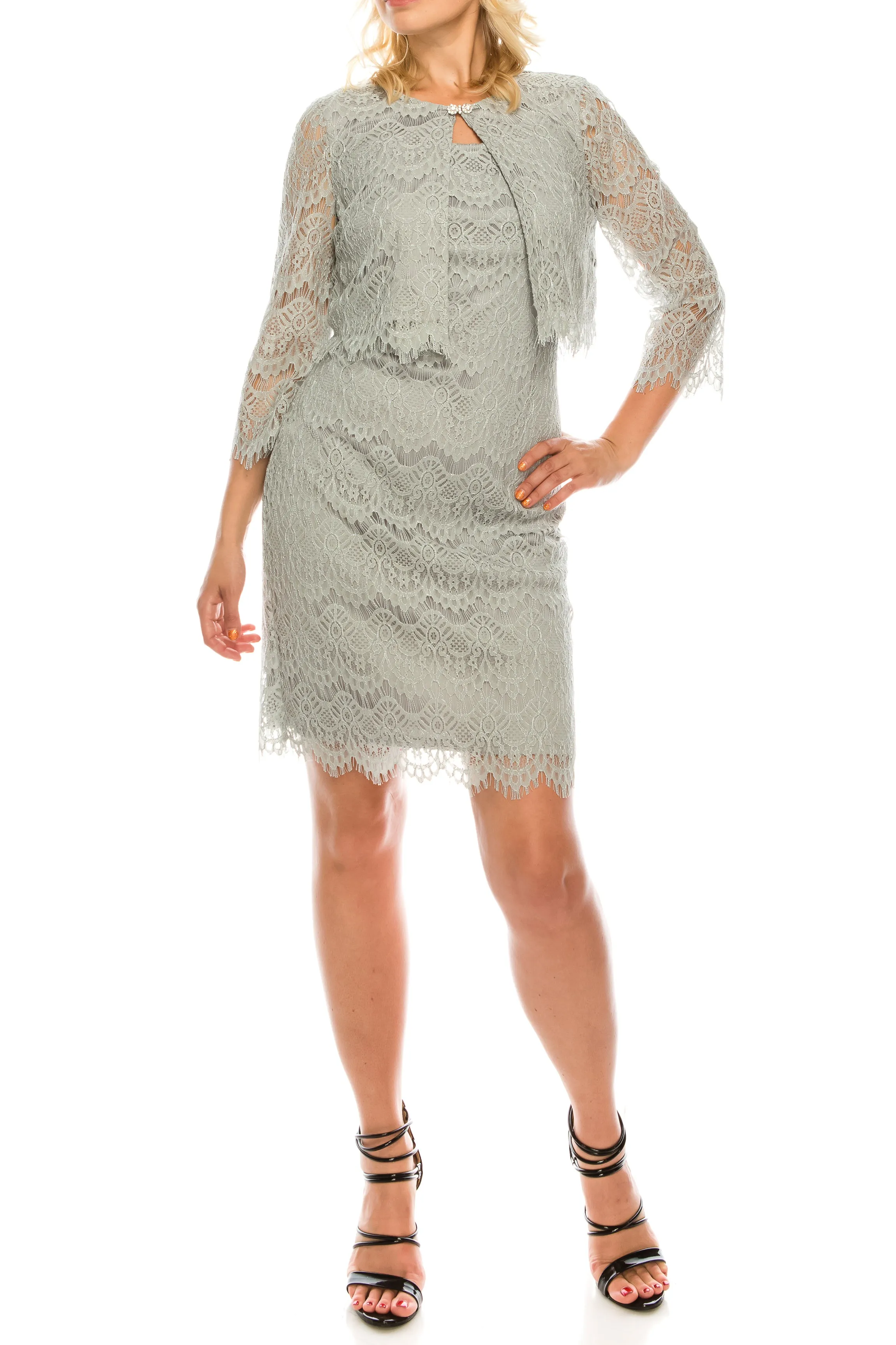 Jessica Howard Grey Metallic Lace 2 Piece Jacket Dress Set