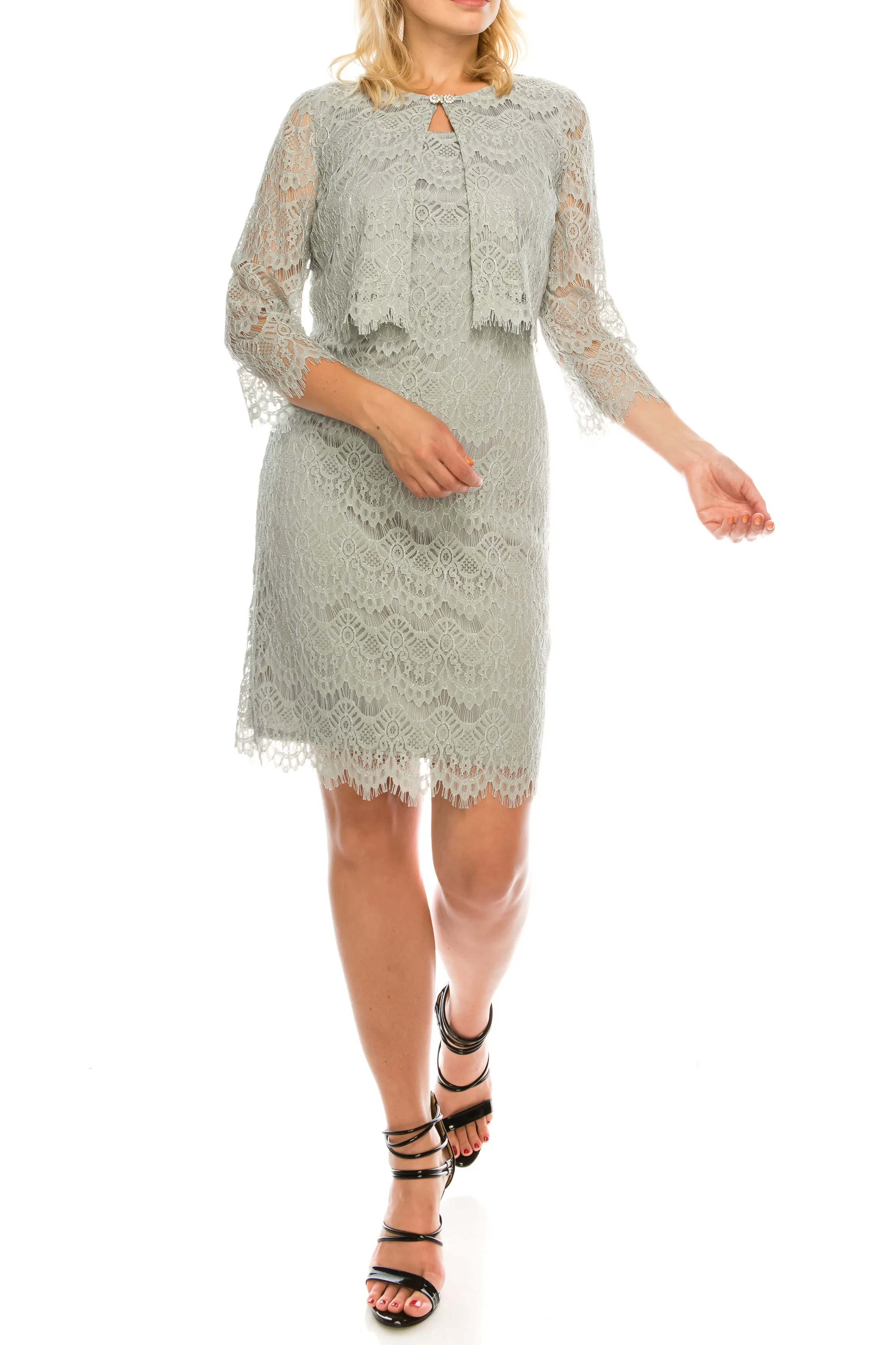 Jessica Howard Grey Metallic Lace 2 Piece Jacket Dress Set