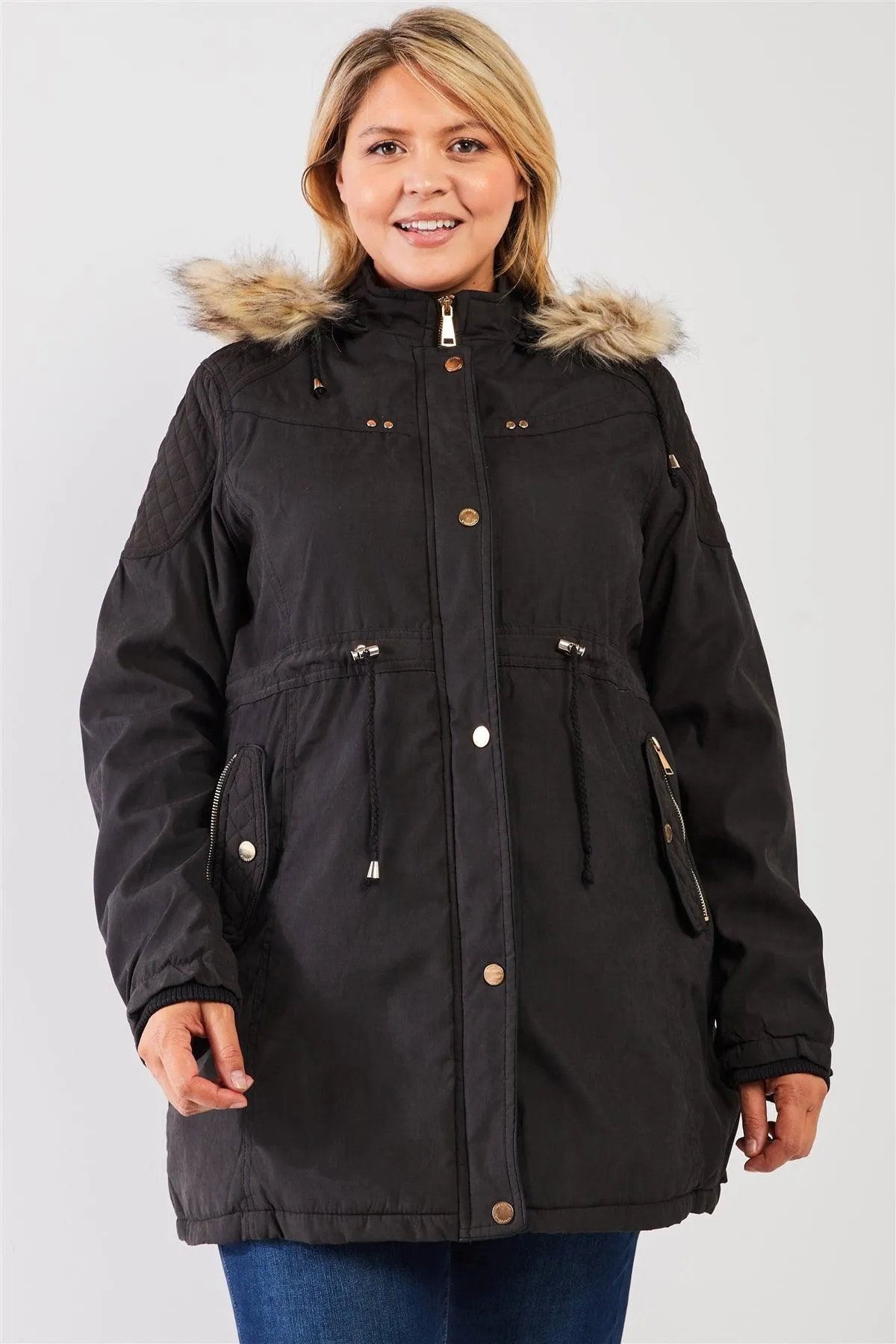 Junior Plus Size Charcoal Grey Quilted Detail Vegan Fur Cotton Twill Parka Jacket /2-2-1-1