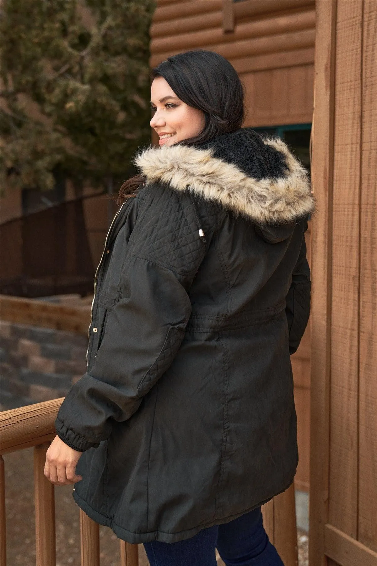 Junior Plus Size Charcoal Grey Quilted Detail Vegan Fur Cotton Twill Parka Jacket /2-2-1-1