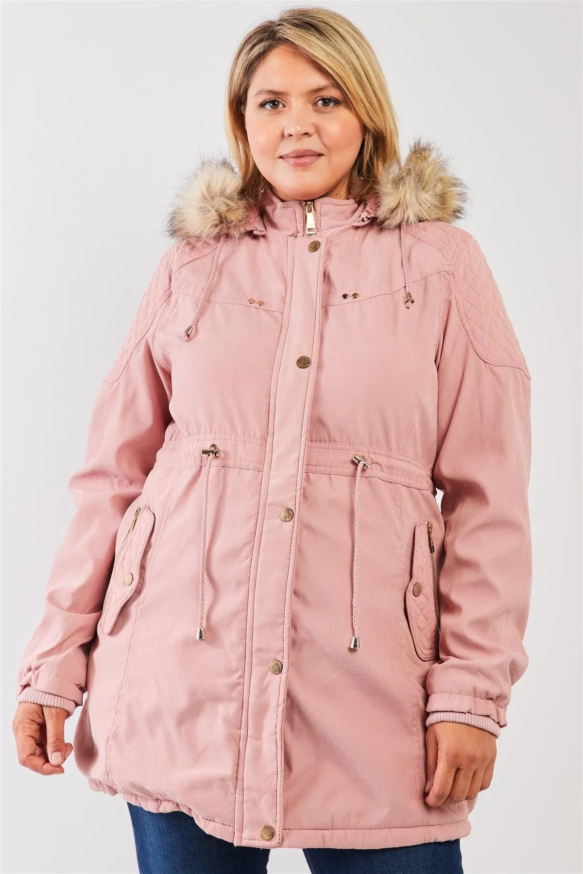 Junior Plus Size Pink Quilted Detail Vegan Fur Cotton Twill Parka Jacket /2-2-1-1