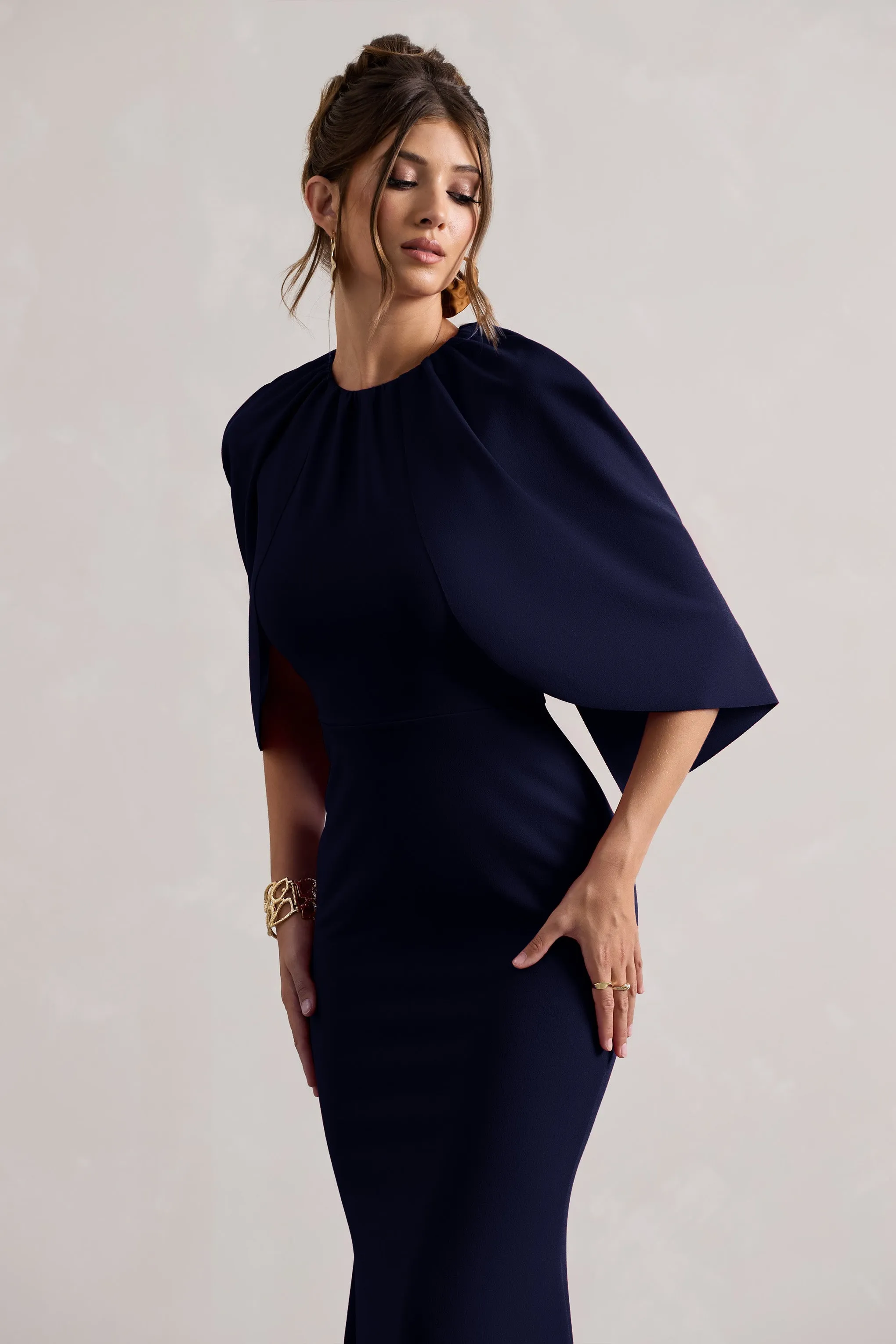 Kianne | Navy Draped Short-Sleeve Maxi Dress