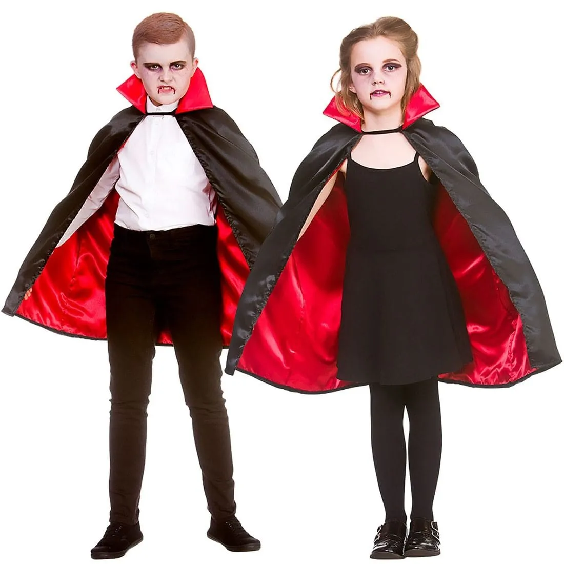 Kids Super Deluxe Vampire Cape Black Cloak Red Lining 70cm