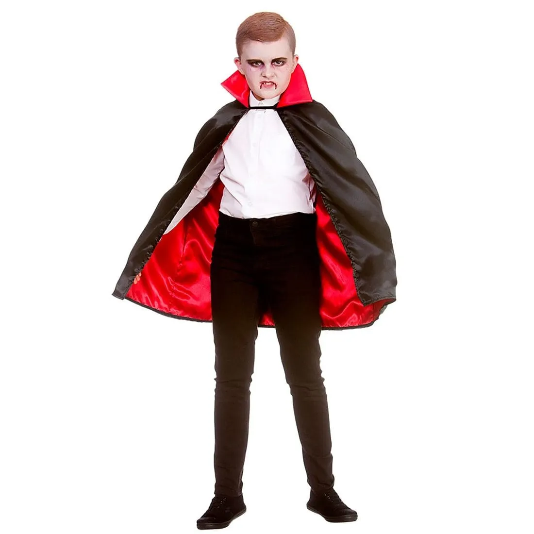 Kids Super Deluxe Vampire Cape Black Cloak Red Lining 70cm