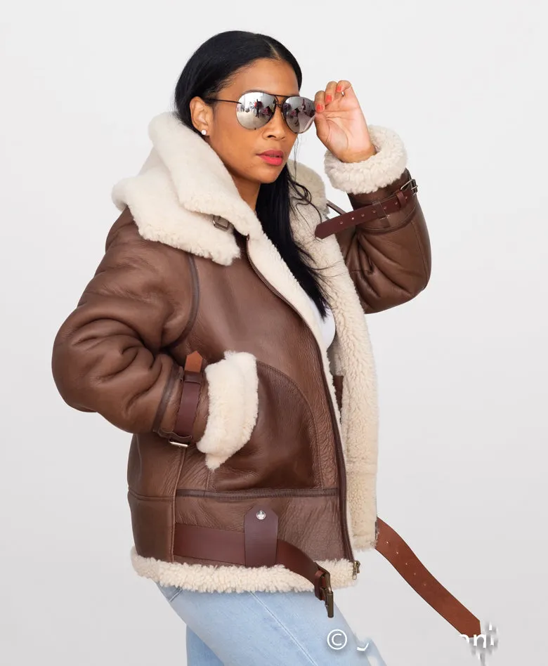 Ladies Bomber Sheepskin Jacket with Double Collar #1003