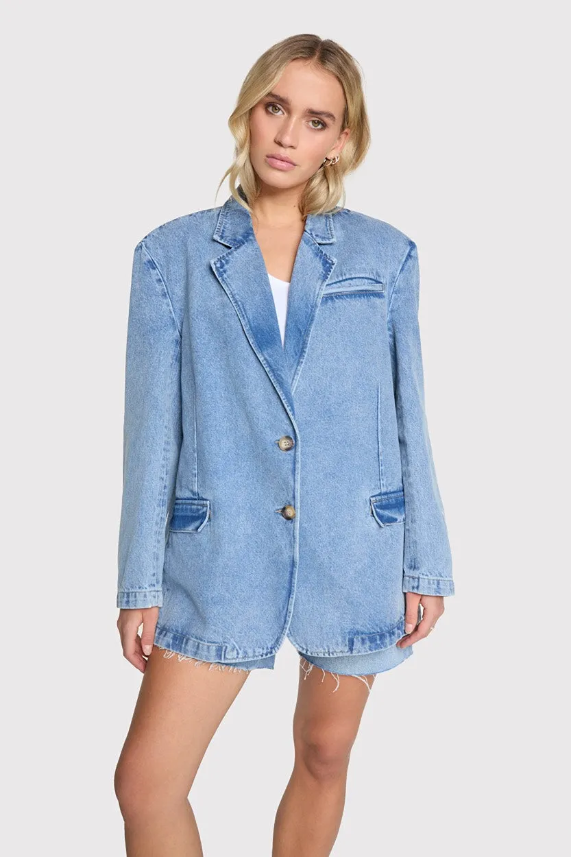 Ladies Woven Denim Blazer - Blue Denim