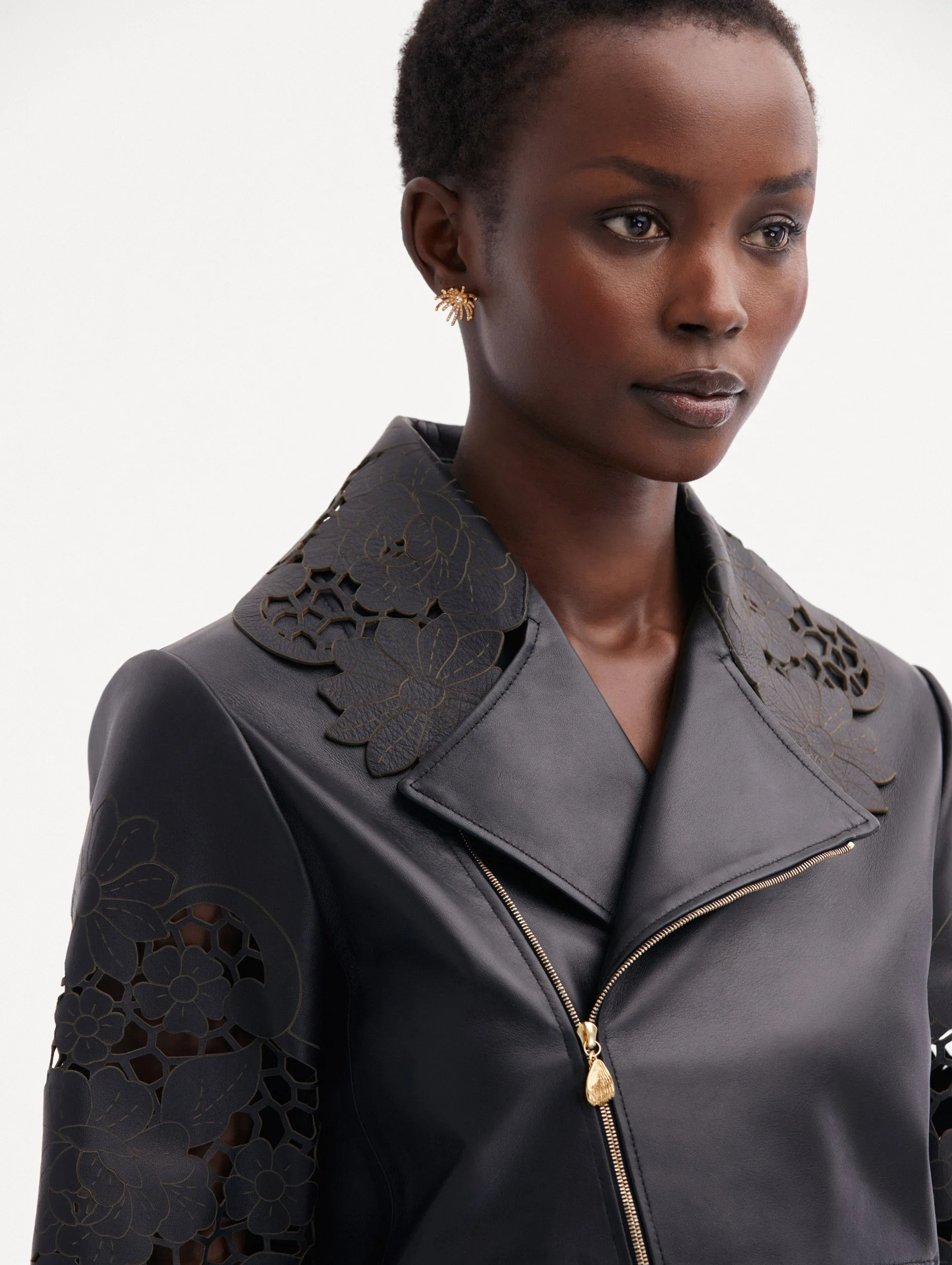 Laser Cut Floral Leather Jacket