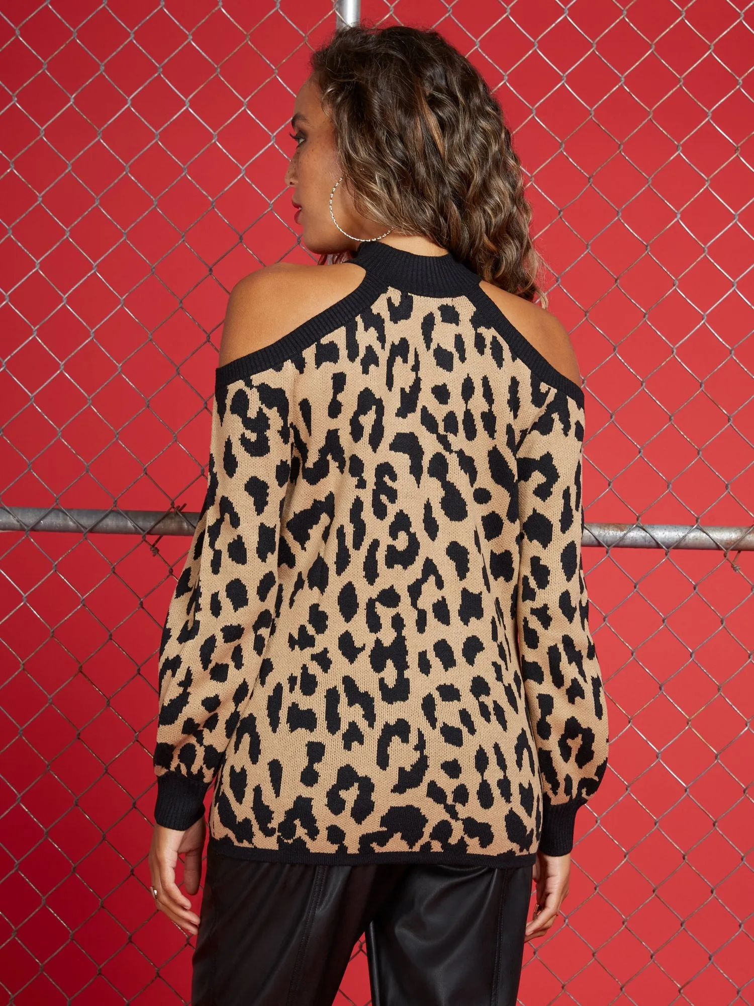 Leopard-Print Cold-Shoulder Turtleneck Sweater