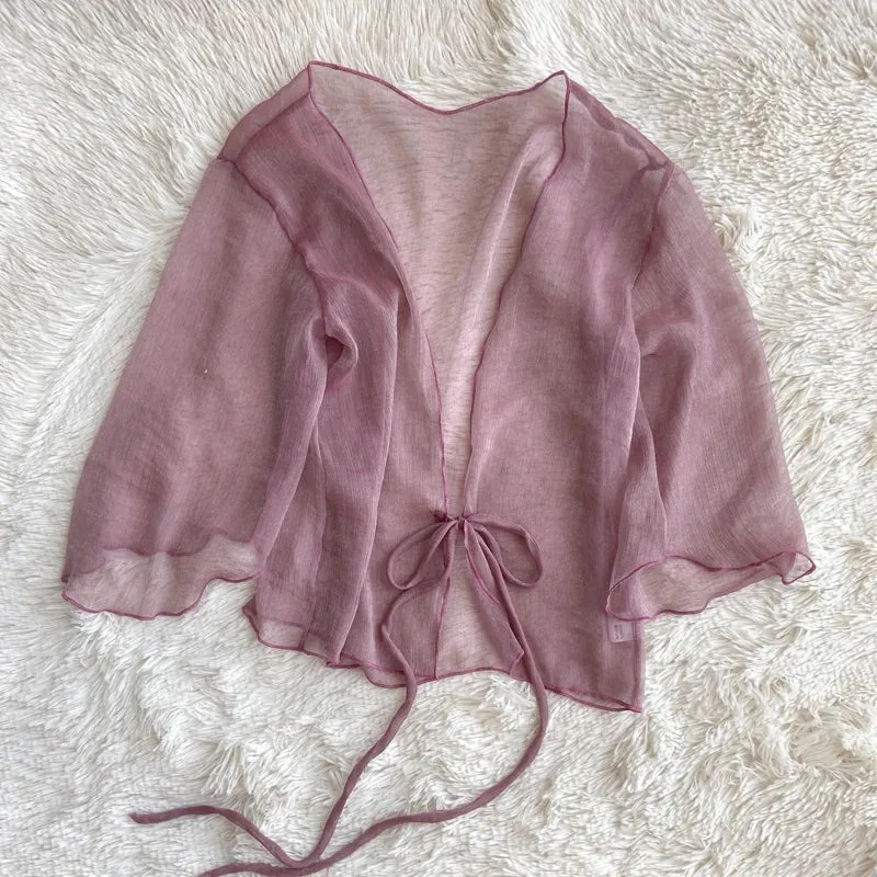 Liba Sin Women Summer Crinkle Chiffon Cardigan Sheer Casual Hawaii Style See Through Transparent Loose Top For Vacation