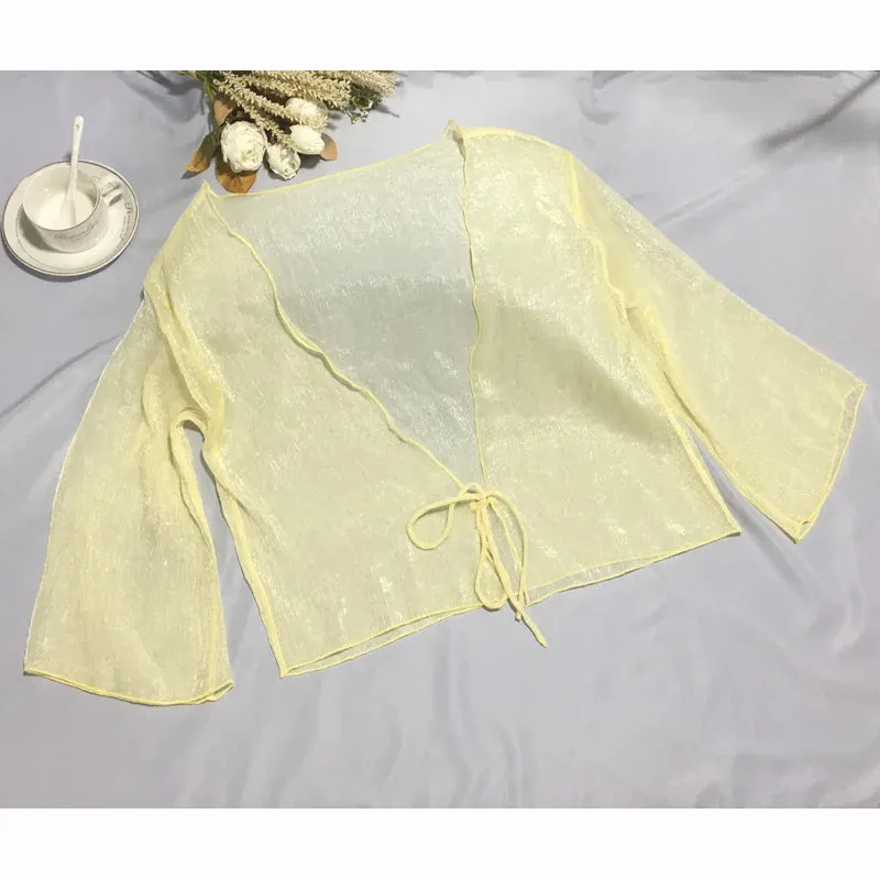 Liba Sin Women Summer Crinkle Chiffon Cardigan Sheer Casual Hawaii Style See Through Transparent Loose Top For Vacation