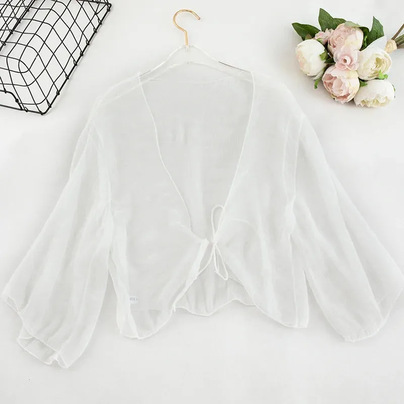 Liba Sin Women Summer Crinkle Chiffon Cardigan Sheer Casual Hawaii Style See Through Transparent Loose Top For Vacation