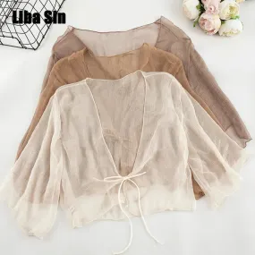 Liba Sin Women Summer Crinkle Chiffon Cardigan Sheer Casual Hawaii Style See Through Transparent Loose Top For Vacation