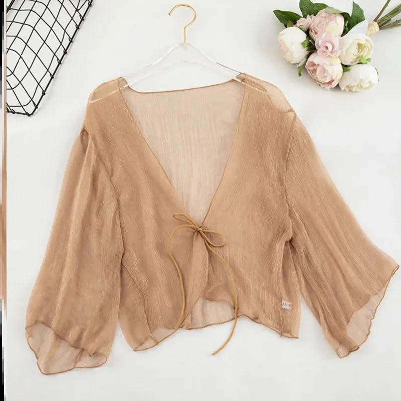 Liba Sin Women Summer Crinkle Chiffon Cardigan Sheer Casual Hawaii Style See Through Transparent Loose Top For Vacation