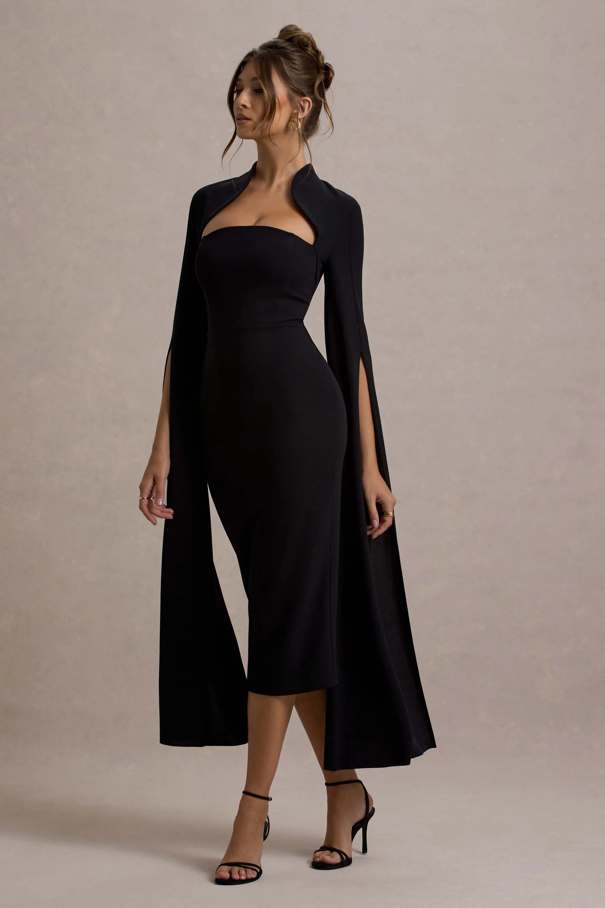 Linden | Black Bodycon Cape-Sleeve Midi Dress