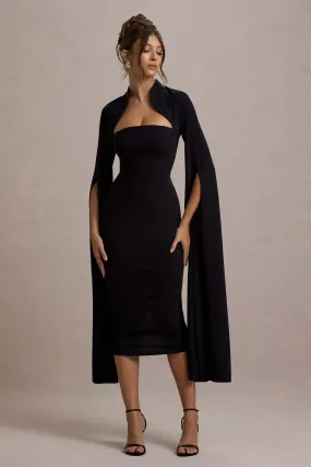 Linden | Black Bodycon Cape-Sleeve Midi Dress