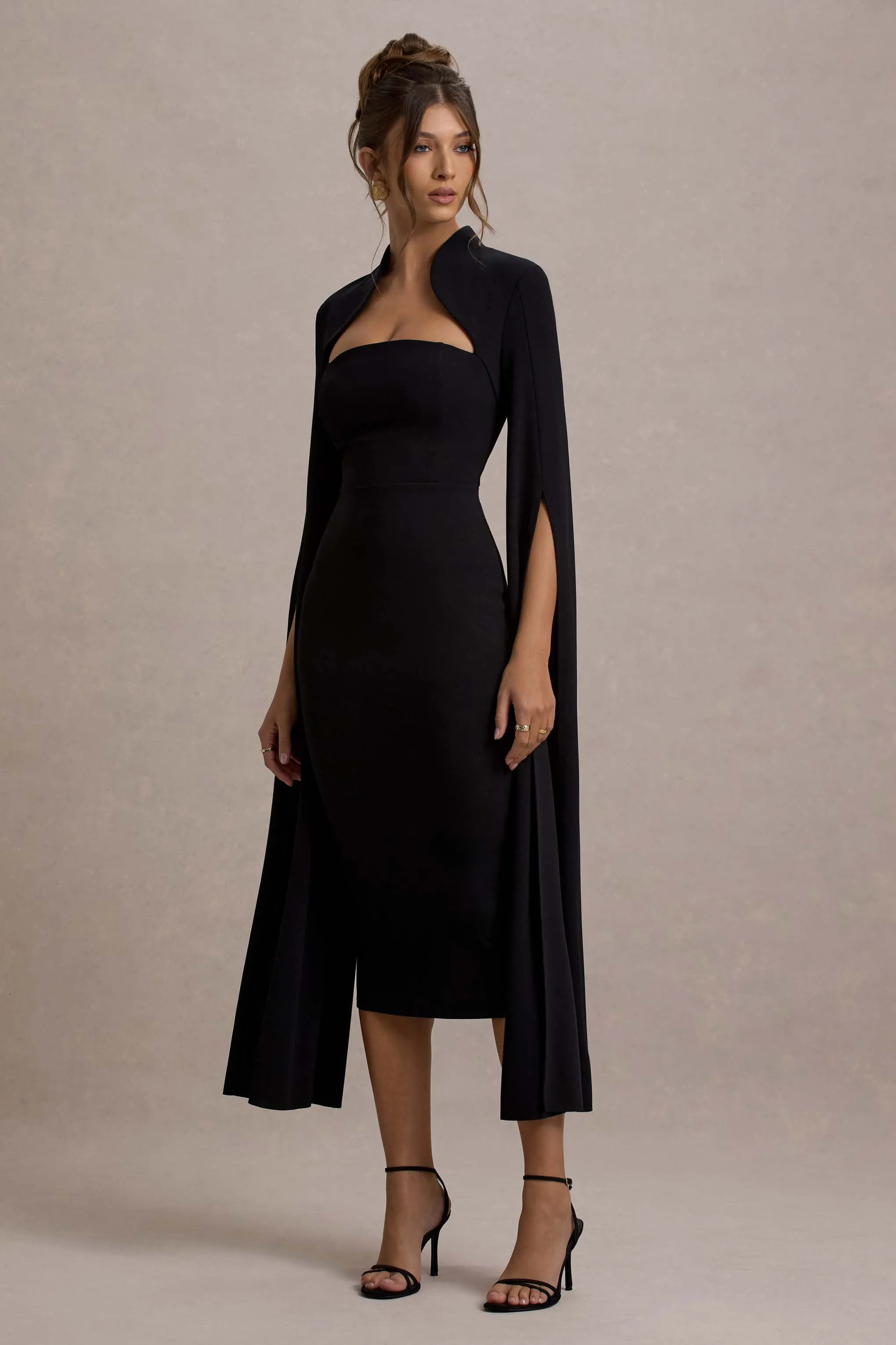 Linden | Black Bodycon Cape-Sleeve Midi Dress