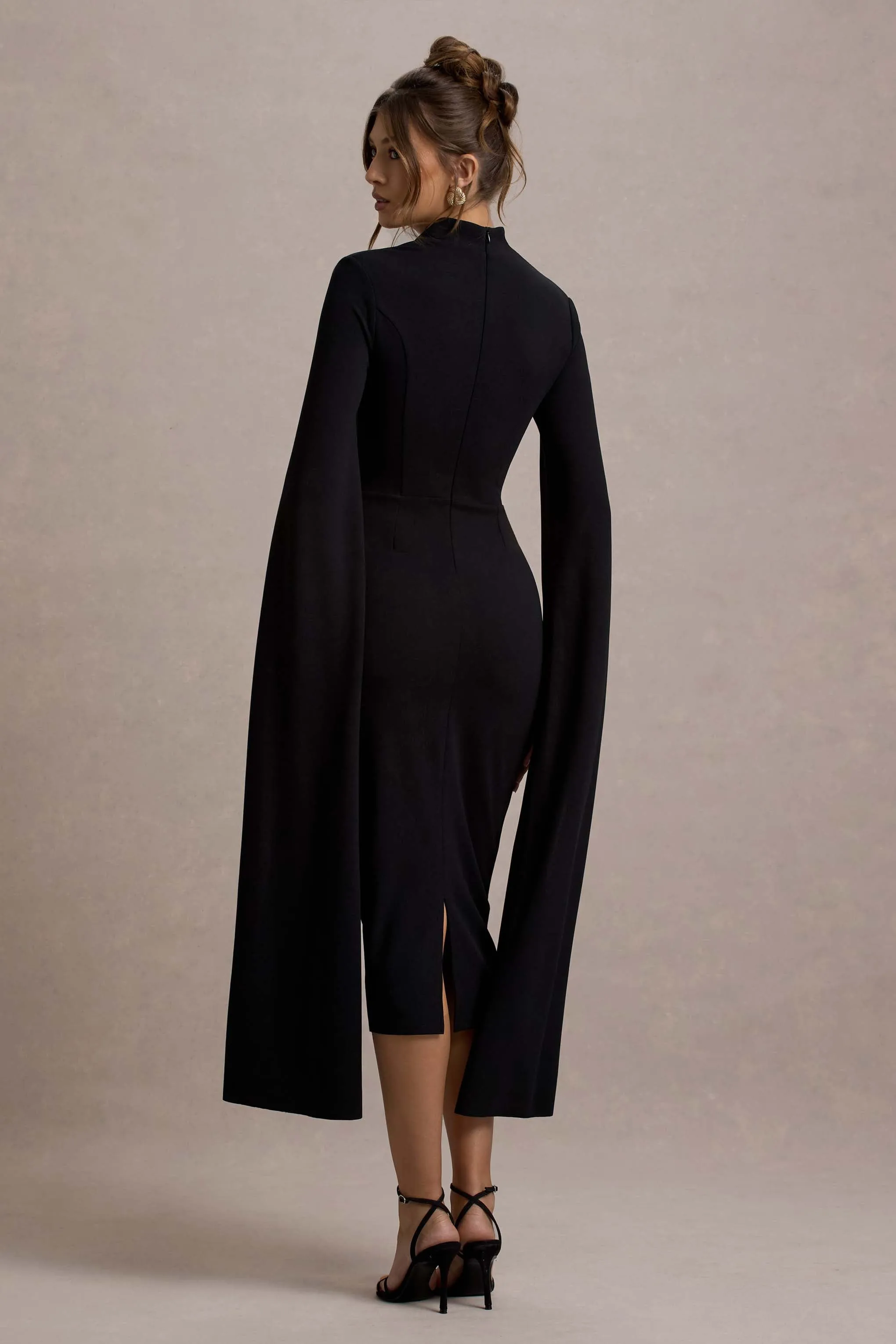 Linden | Black Bodycon Cape-Sleeve Midi Dress