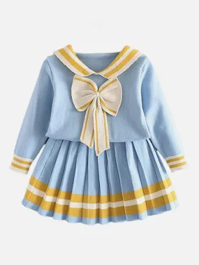 Little Surprise Box Blue & Occur Pleated Bow 2 pcs top & Skirt Winterwear set for Girls