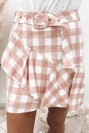 Lola Linen Gingham Frill Skirt Pink White Gingham