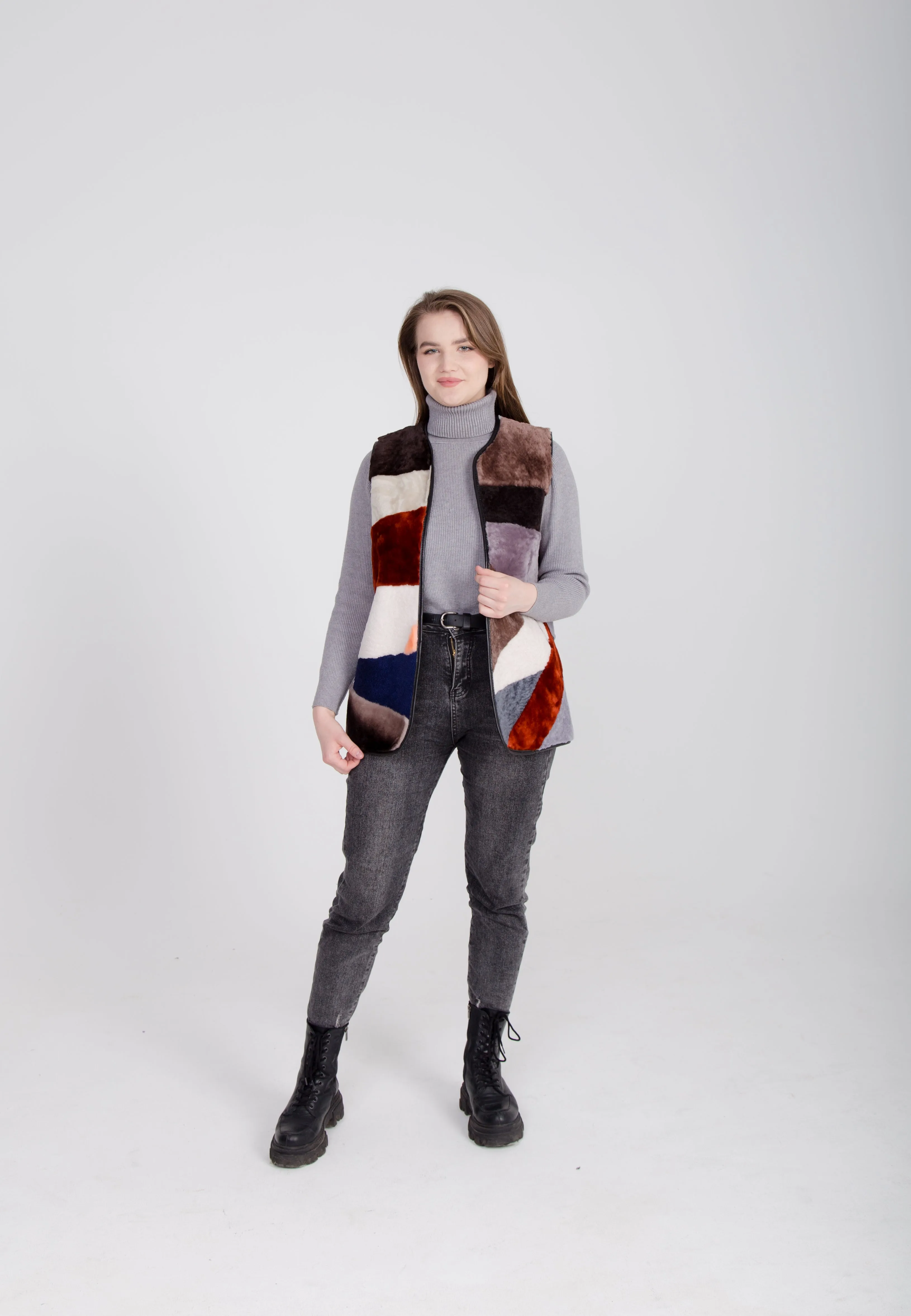 Long Patchwork Womens Shearling Gilet with Side Pockets and Leather Edging