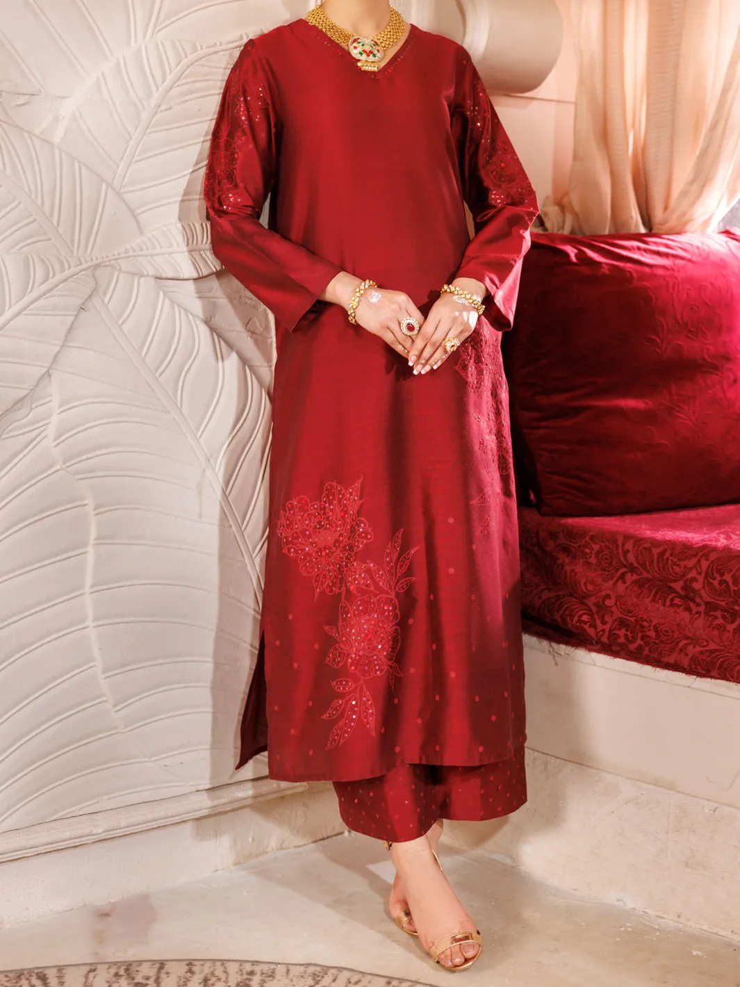 Maroon Raw Silk 2 Piece Formal Stitched - AL-LS-LKS-478