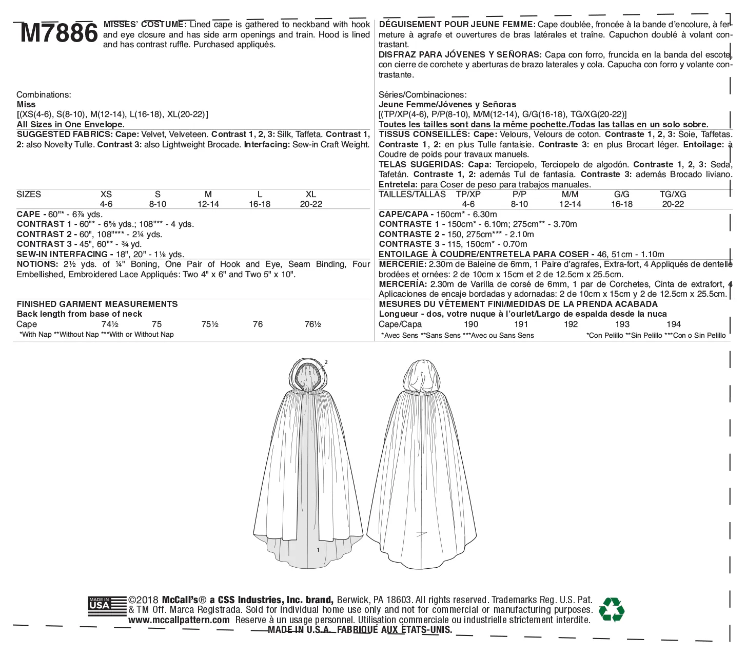 McCall's Pattern M7886 Misses' Costume