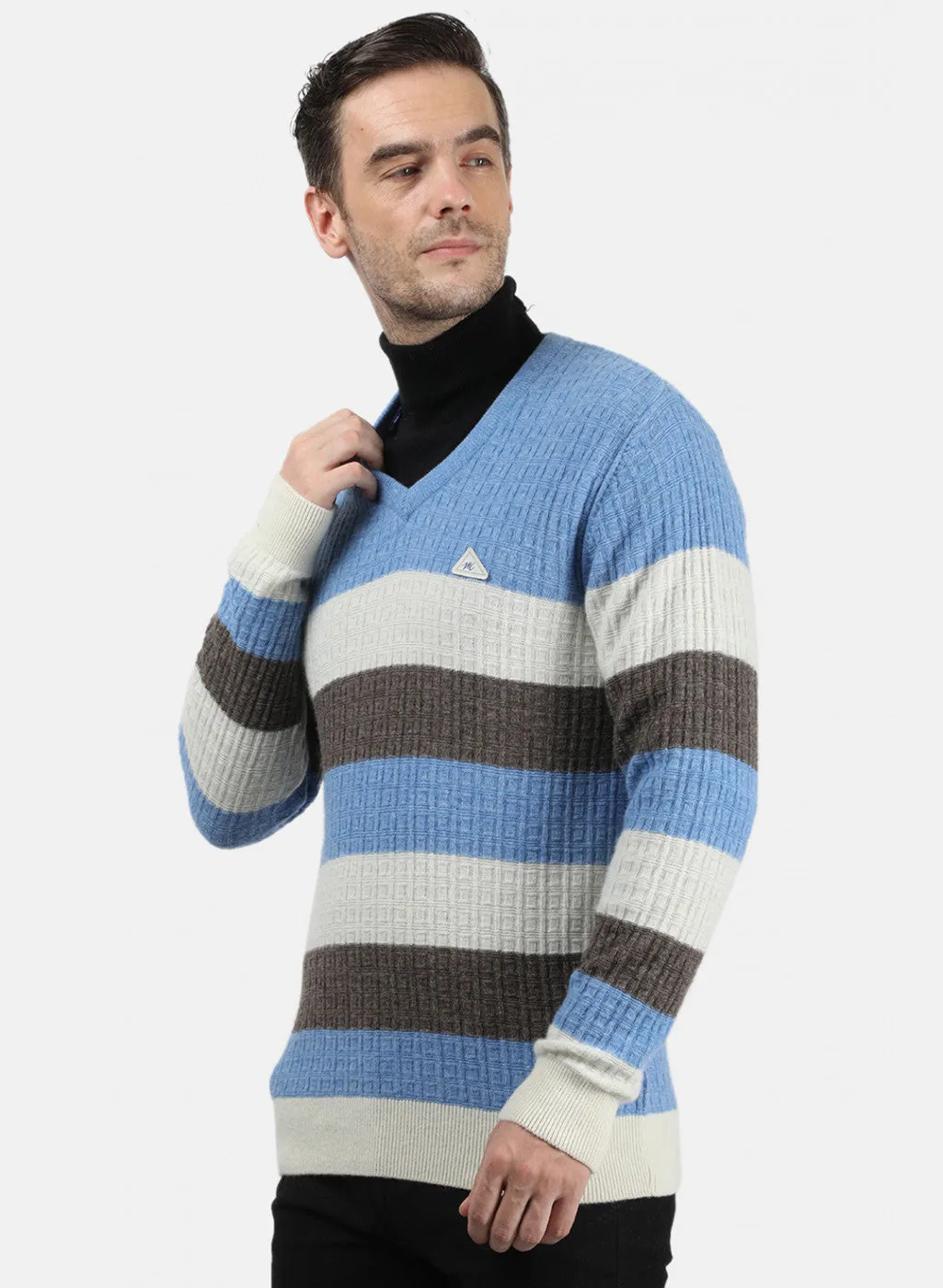 Men Blue & White Solid Pullover