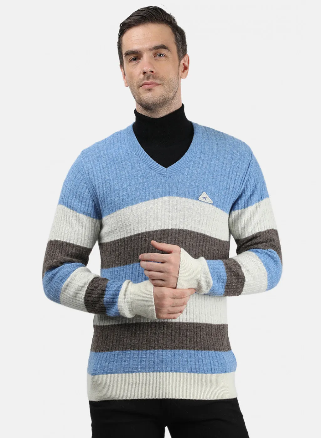 Men Blue & White Solid Pullover