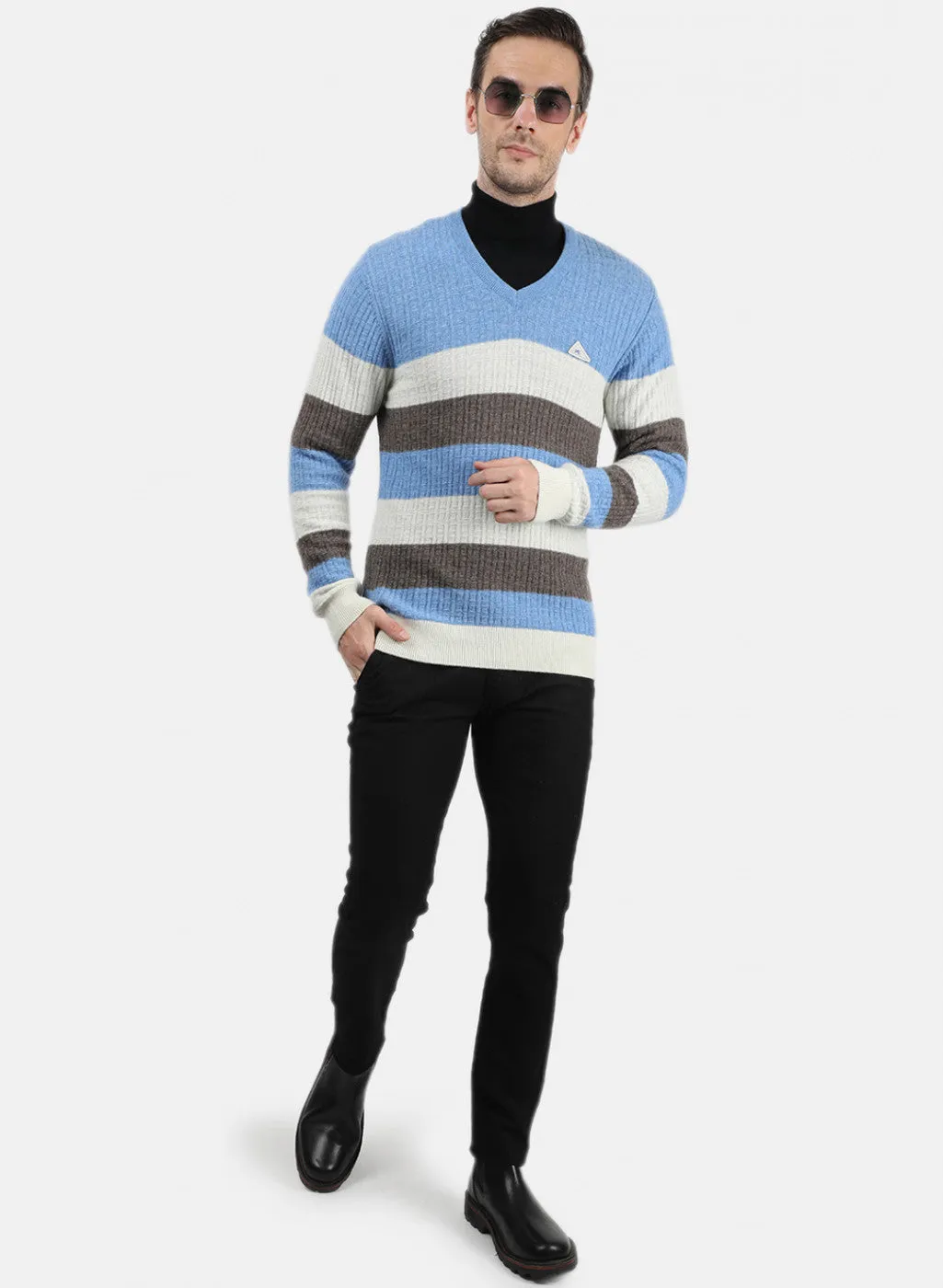 Men Blue & White Solid Pullover