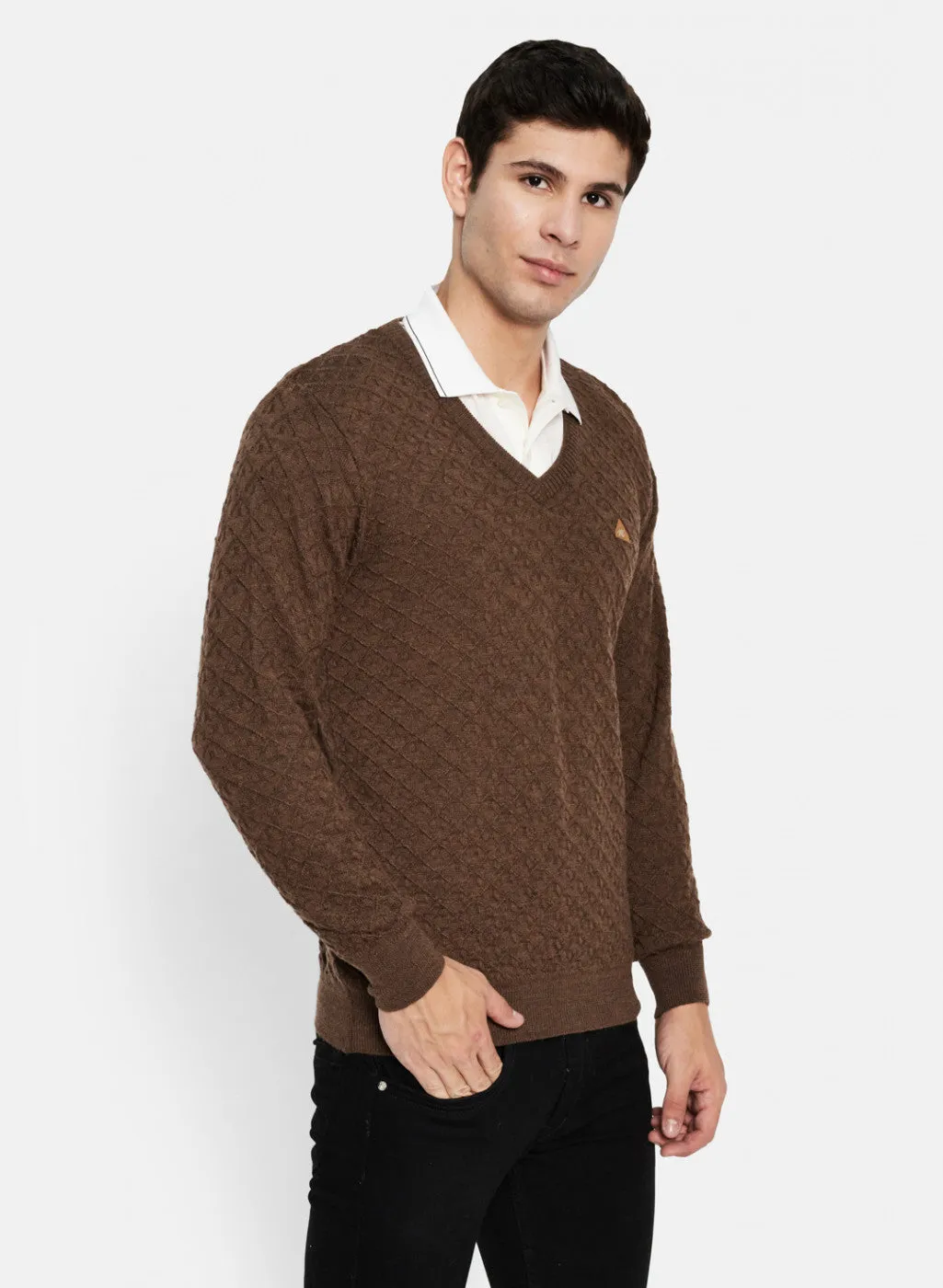 Men Brown Self Design Pullover