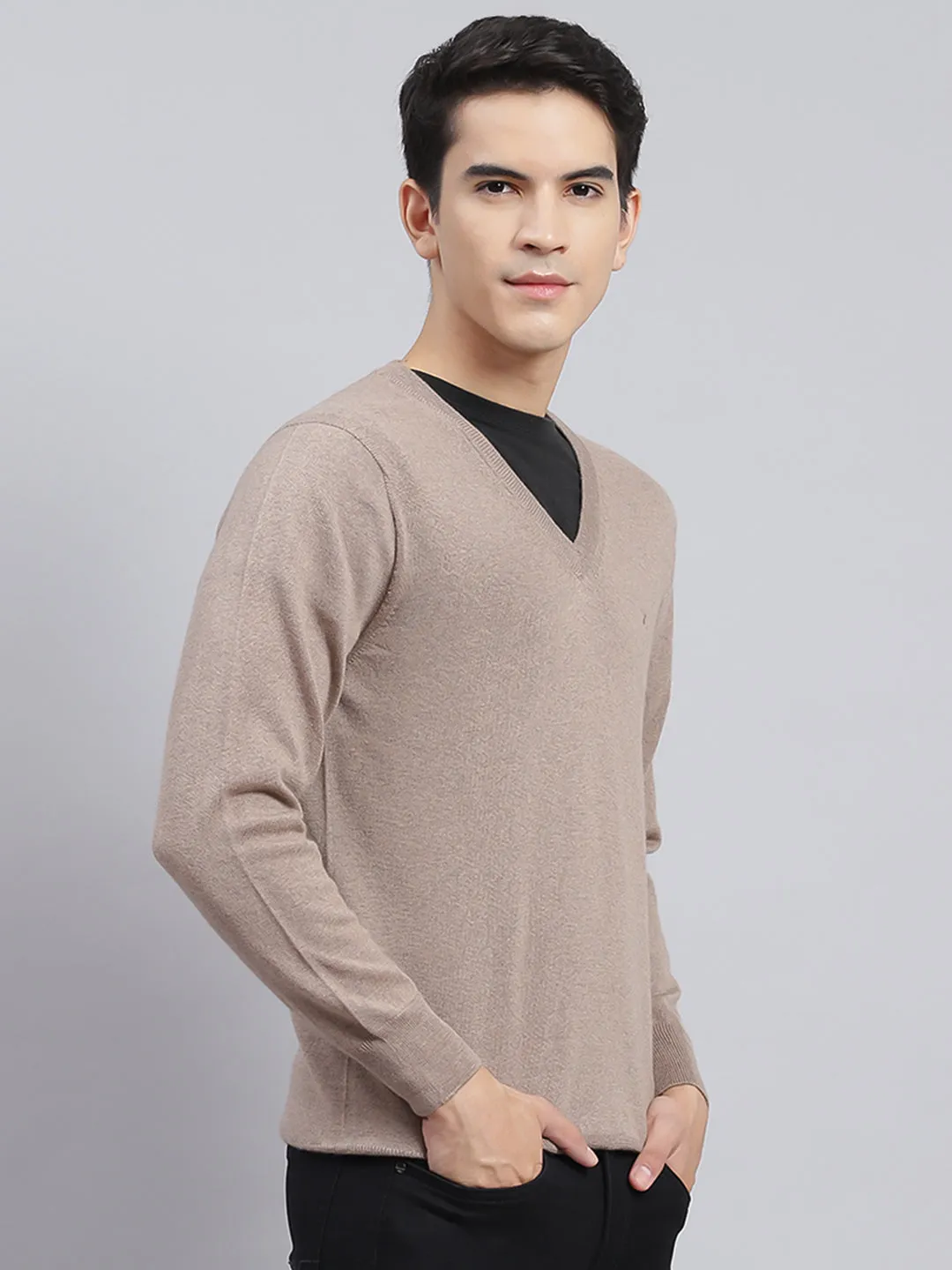 Men Brown Solid Pure wool Pullover