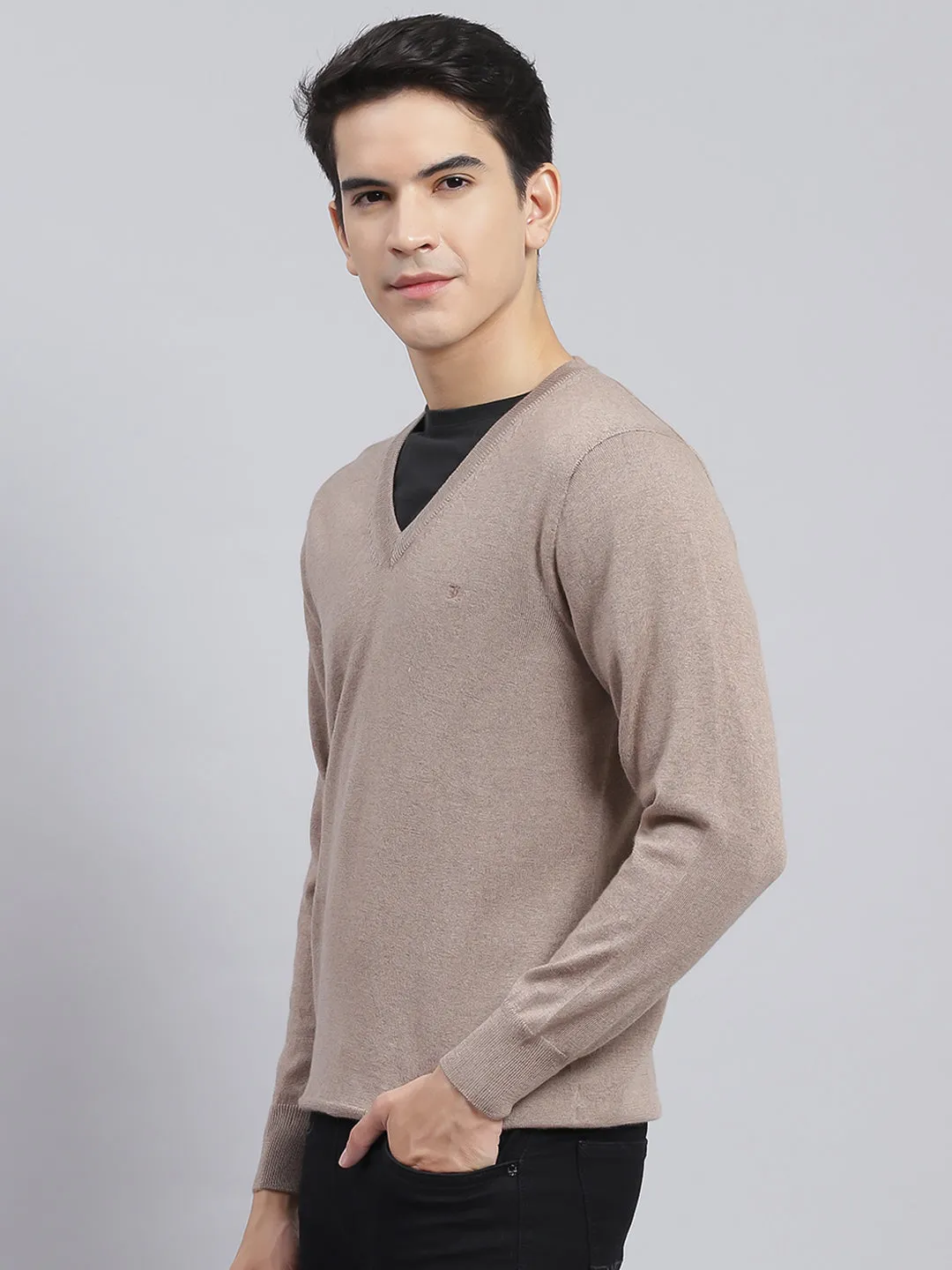 Men Brown Solid Pure wool Pullover