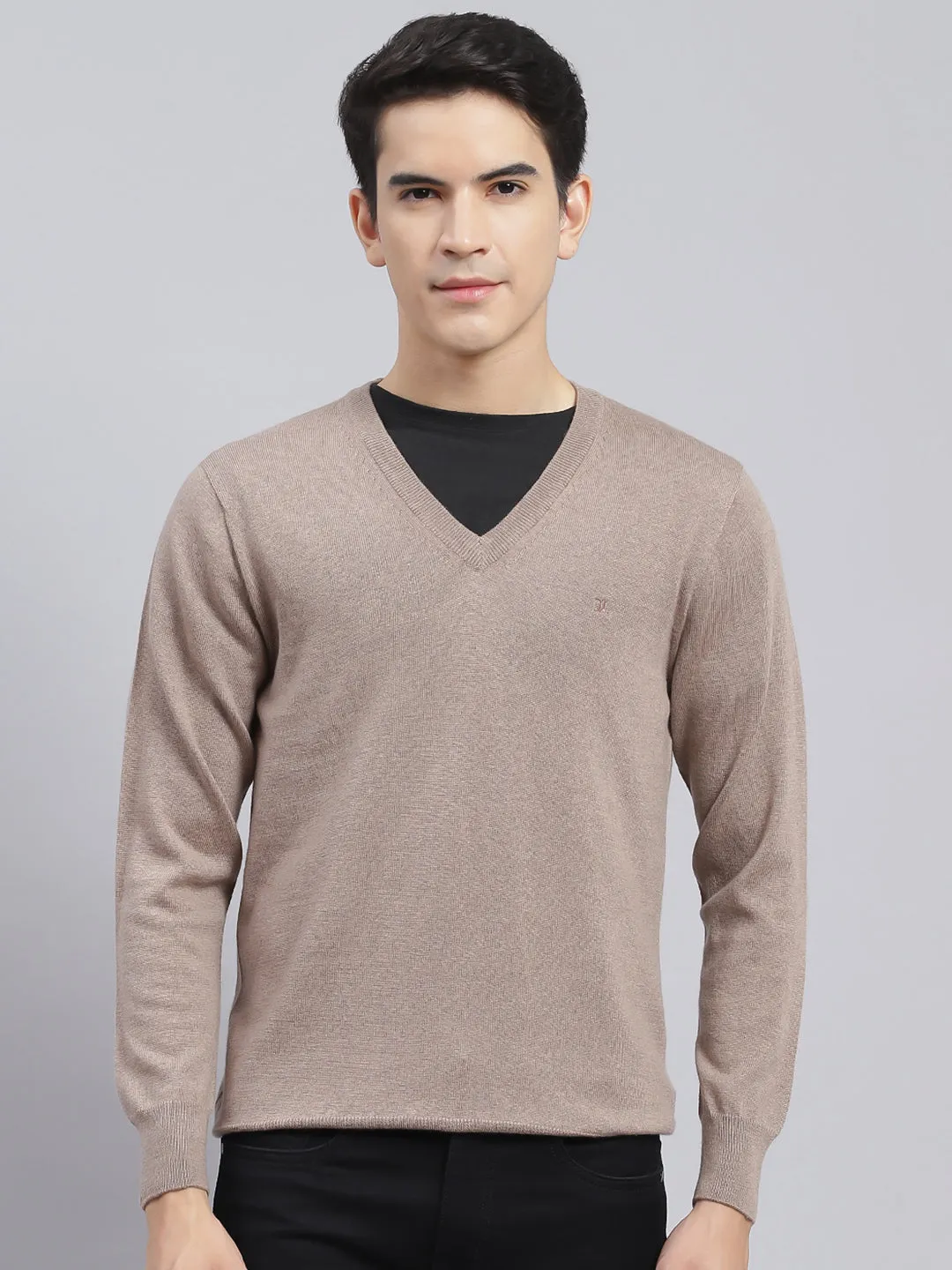 Men Brown Solid Pure wool Pullover