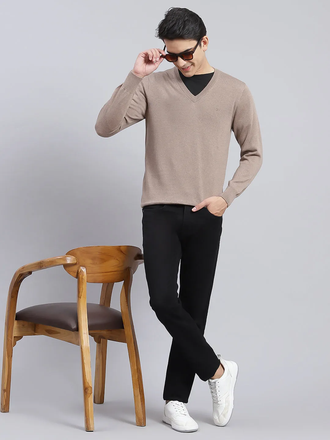 Men Brown Solid Pure wool Pullover