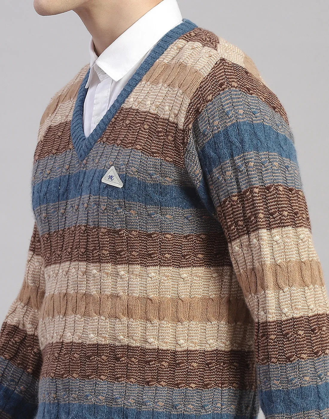 Men Brown Stripe V Neck Full Sleeve Pullover