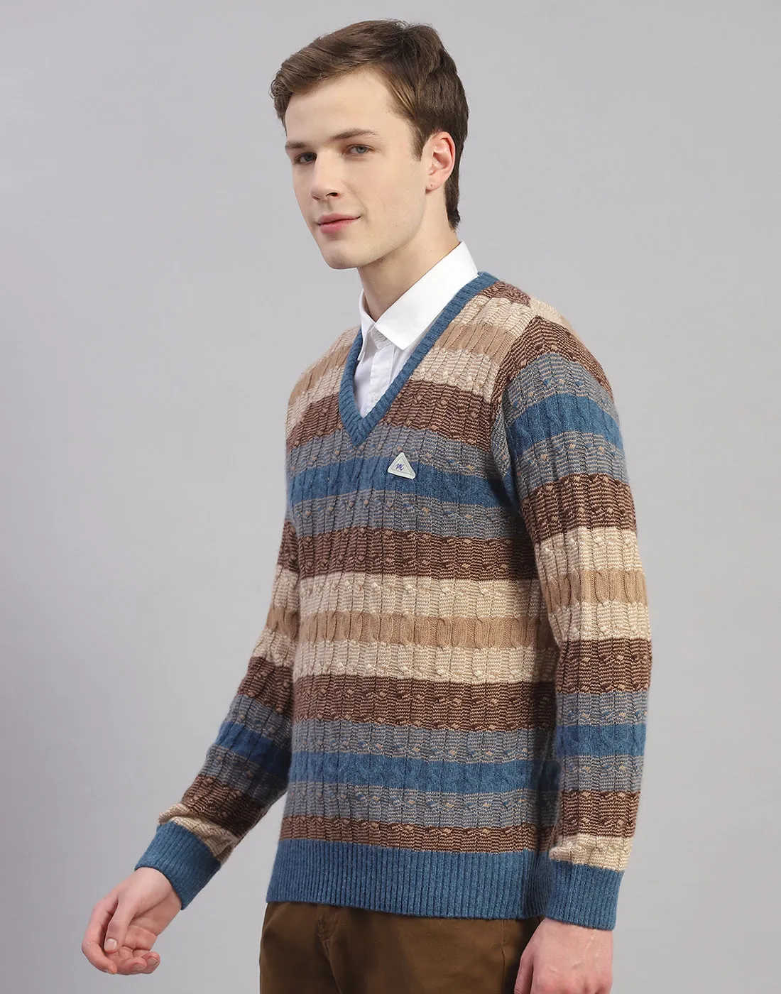 Men Brown Stripe V Neck Full Sleeve Pullover