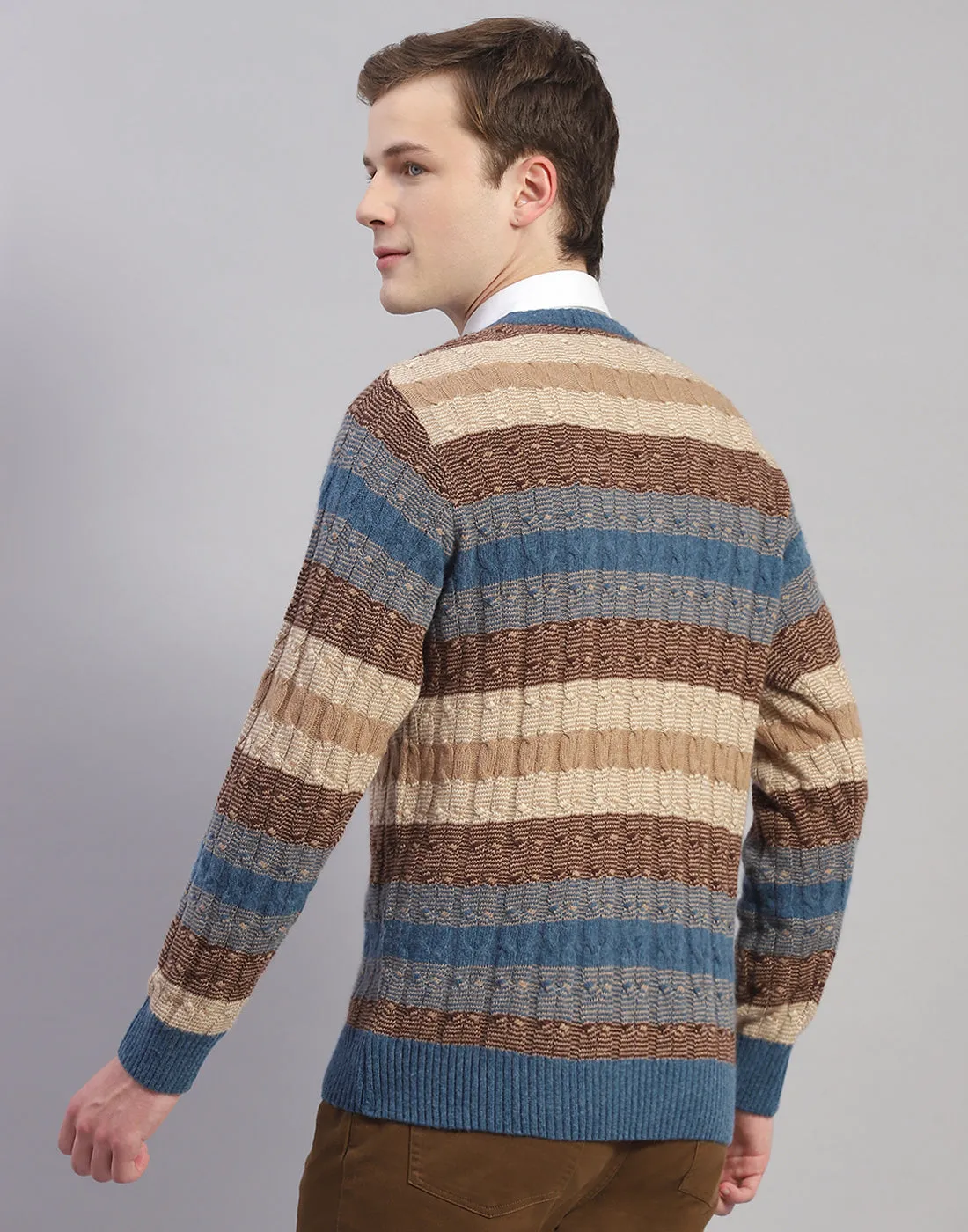 Men Brown Stripe V Neck Full Sleeve Pullover