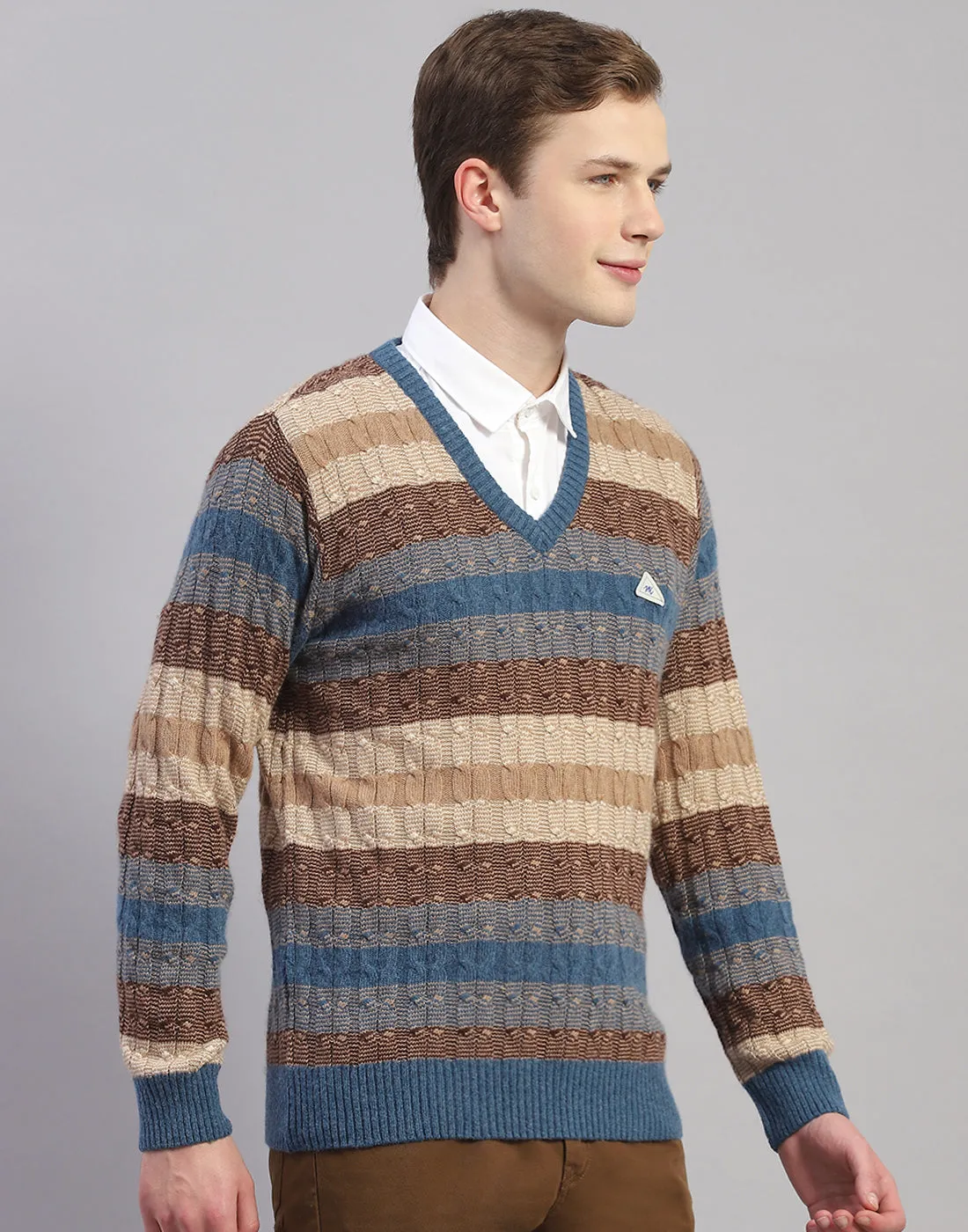 Men Brown Stripe V Neck Full Sleeve Pullover