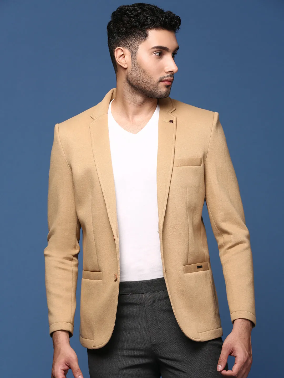 Men Khaki Slim Fit Single Breasted Blazer